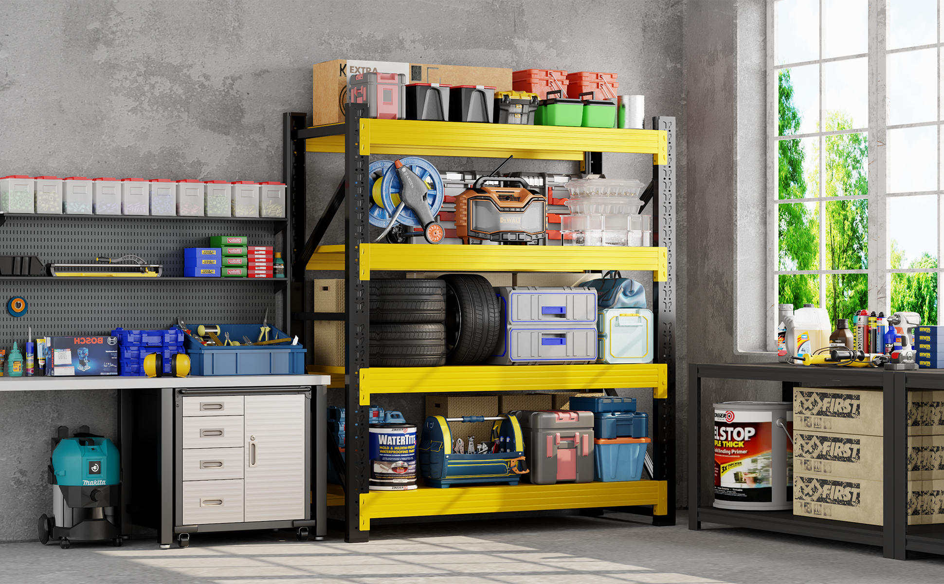 thumbnail video image 2 of 48" W Garage Storage Shelves,3000LBS Garage Shelving Heavy Duty Adjustable Shelving Unit,4 Tier Metal Utitly Shelves Industrial Shelving for Warehouses,Basement,Orange-White, 2 of 11