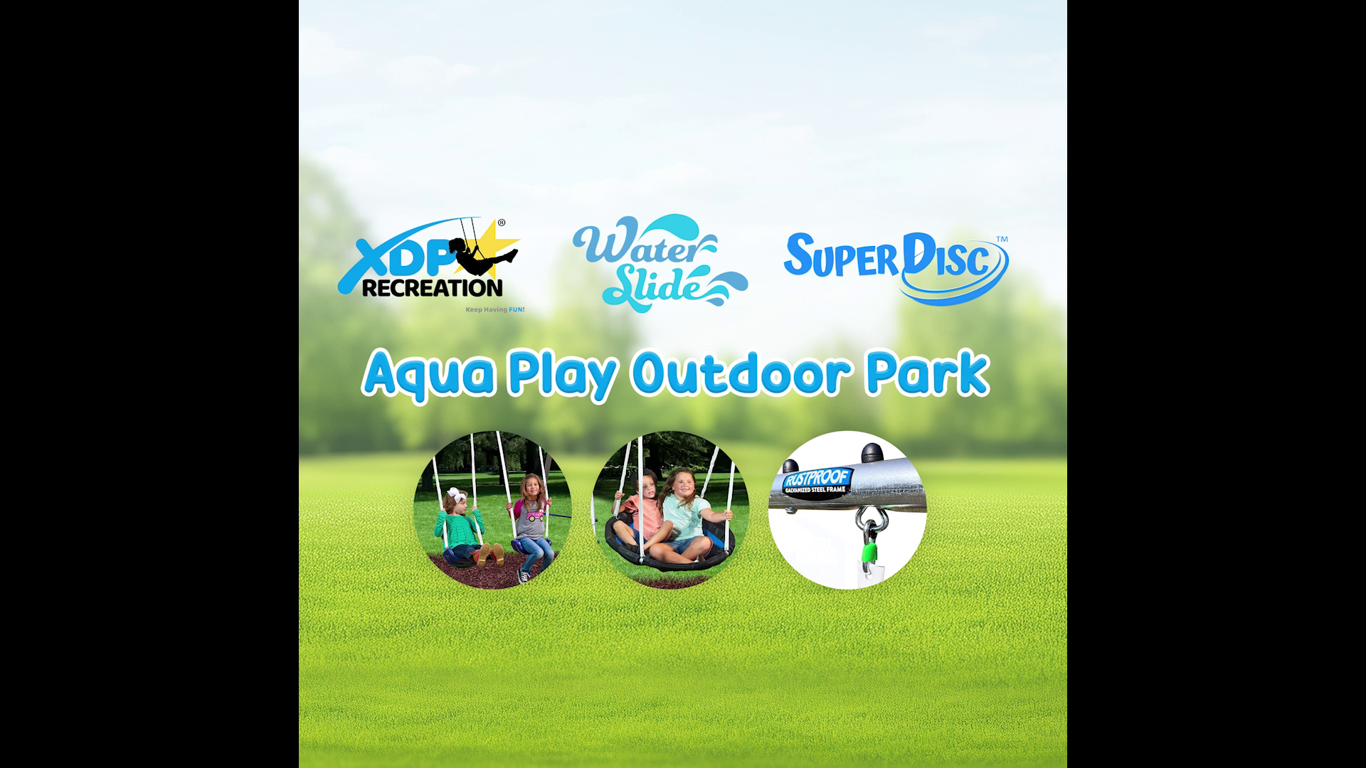 thumbnail video image 2 of XDP Recreation Aqua Play Park Swing Set and Water Slide with Tarp, 2 Swings, and a Disc Swing, 2 of 8
