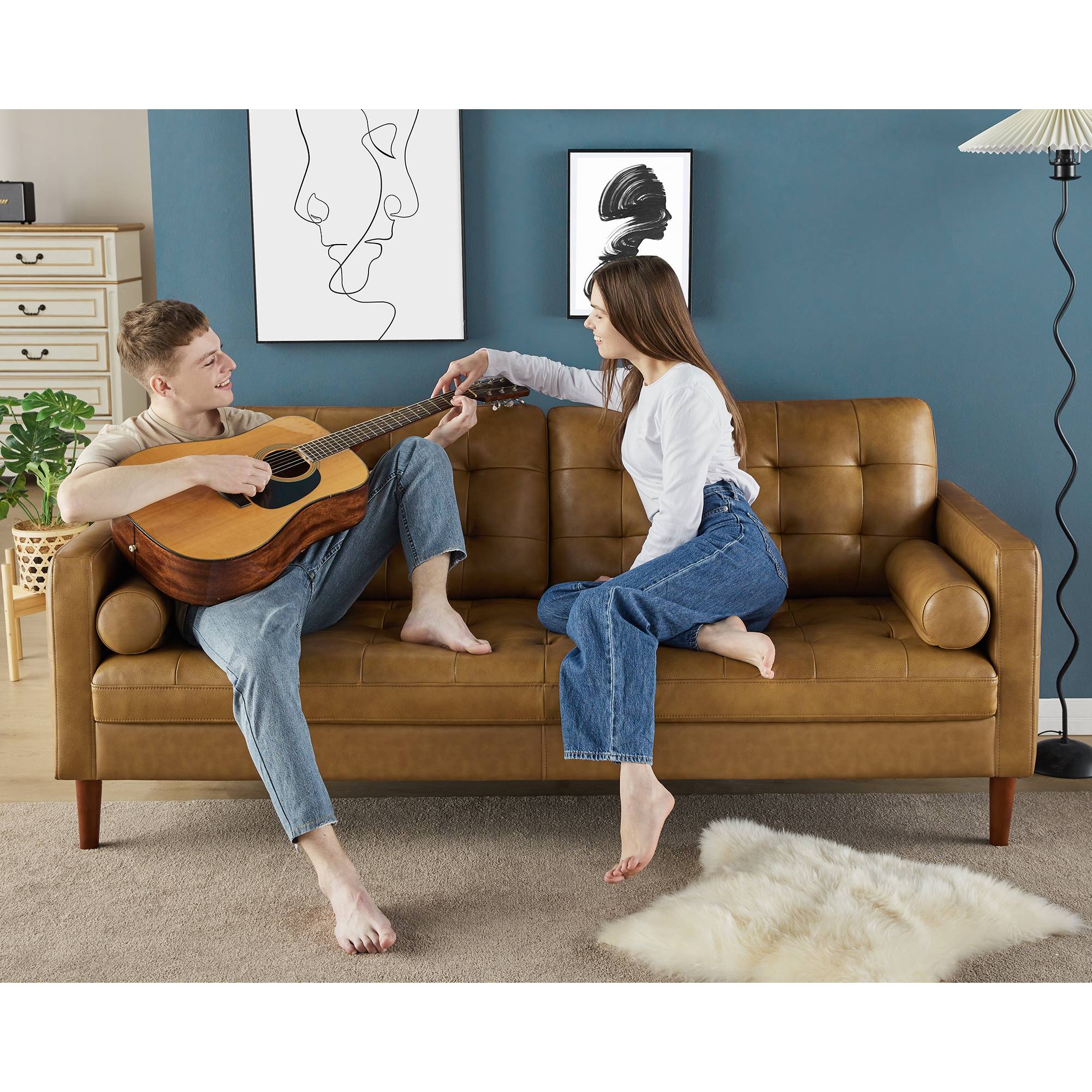 thumbnail video image 2 of VanAcc Leather Sofa, Mid Century Modern Genuine Leather Sofa, 3 Seater Comfy Couch for Living Room Home Office, Black Leather Couch, 2 of 9