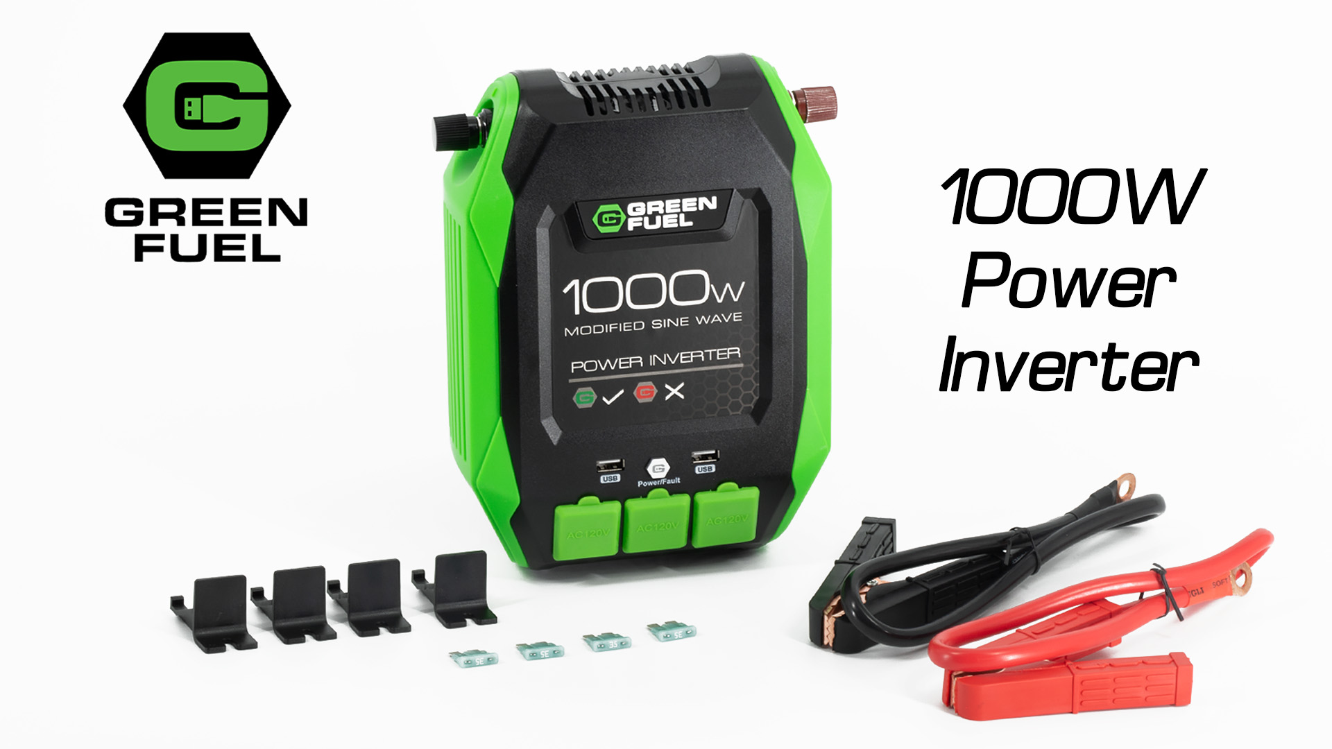 thumbnail video image 2 of GREEN FUEL 1000W Power Inverter 2000W Peak w/DC 12V to 3X 120V AC, 2X 2.4Amp USB, Mounting Brackets and Clamps Included, 2 of 9