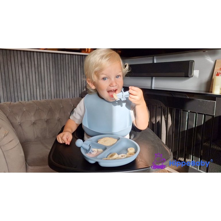 Homhougo-Baby Feeding Set, Baby Led Weaning Supplies, Silicone Suction Plates Bibs Spoons Toddler Eating Utensils Blue