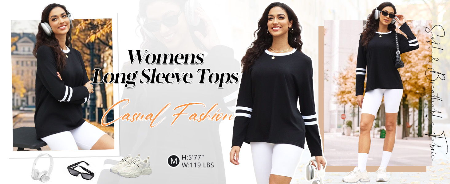 thumbnail video image 2 of Ronuti Long Sleeve Shirts for Women Color Block Casual Tops Fall Outfits 2025 Basic Tees Trendy Clothes, 2 of 7