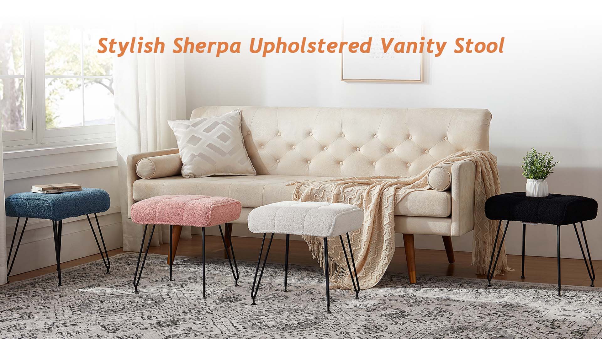 thumbnail video image 2 of Ebenchico Backless Vanity Stool Faux Plush Upholstered Small Bench 4 Metal Legs with Adjustable Anti-Slip Feet for Makeup Bedroom Entryway, Pink, 2 of 13