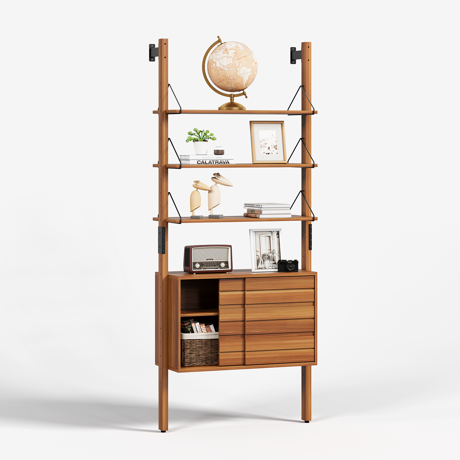 thumbnail video image 2 of JOINICE Mid Century Modern Wall Mounted Ladder Bookshelf with Storage Cabinet,6 Tier Open Display Rack,for Living Room, Bedroom, Home Office, Cherry, 2 of 7