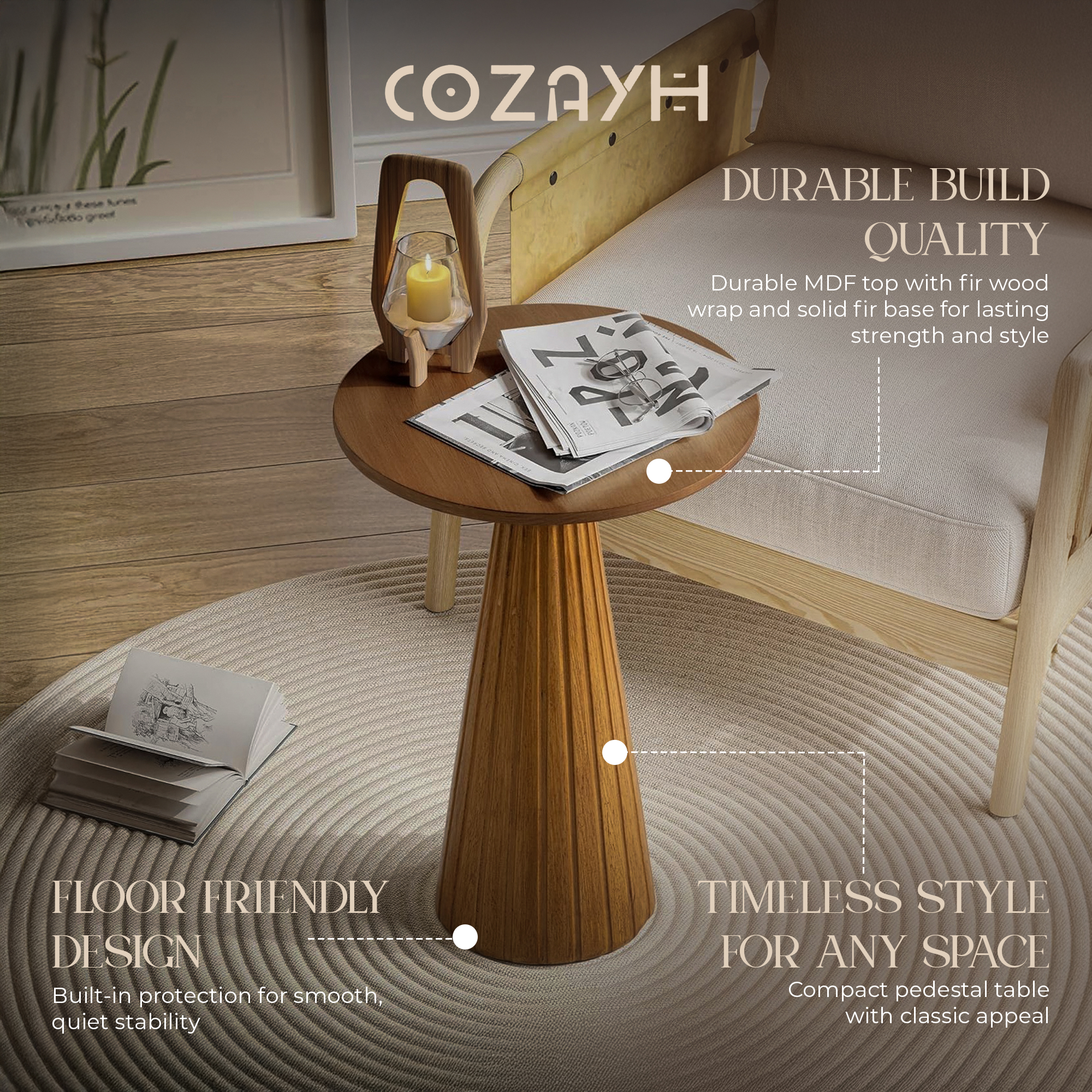 thumbnail video image 2 of COZAYH Pedestal Small Drink Table Round Martini Table Wood Plant Stand End Table for Small Space Living Room, Bedroom, Natural, 2 of 9