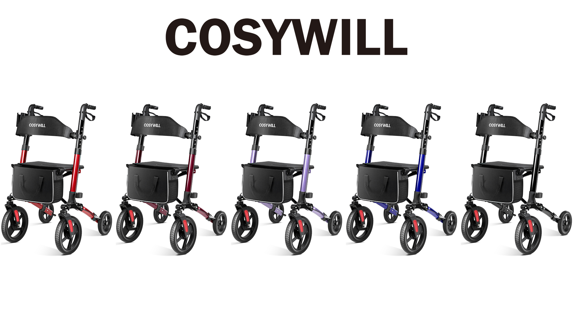 thumbnail video image 2 of COSYWILL Walkers for Seniors,Foldable Rollator Walker with Seat,Mobility Walkers with 10" Big Wheels, Adjustable Handles and Backrest Height,Dark Red, 2 of 11