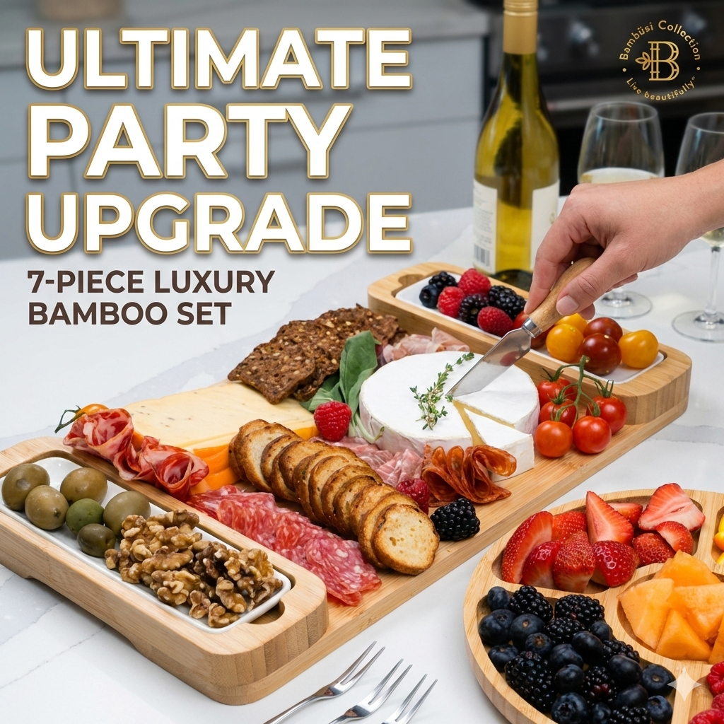 thumbnail video image 2 of Bamboo Charcuterie Board Set with Round Tray, Cheese Board Platter, Bowls, Knives & Forks, 9 Piece, 16.4" x 9.8", 2 of 10