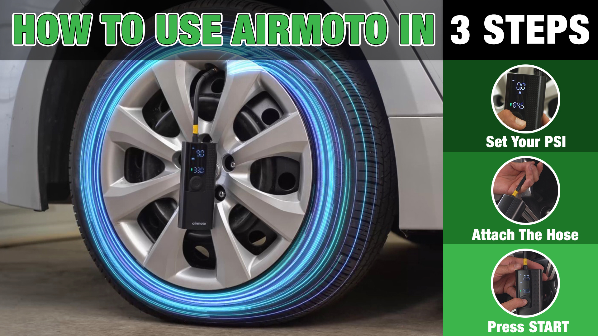 thumbnail video image 3 of Airmoto Tire Inflator Portable Air Compressor - Air Pump for Car Tires with Tire Pressure Gauge, 3 of 11
