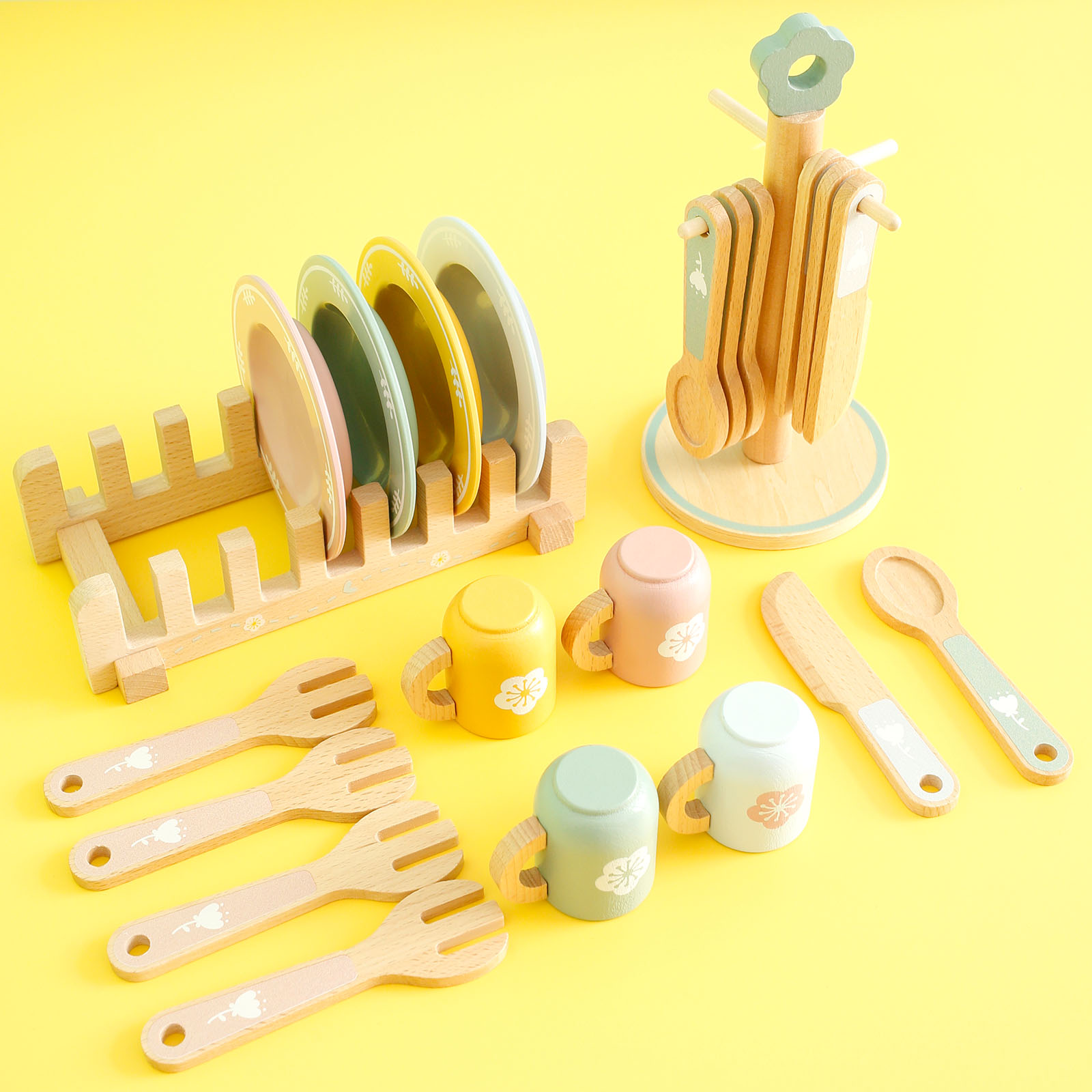 thumbnail video image 2 of Kid Wooden Dinnerware Toy Set Safe Wood Kids Kitchen Playset Funny Kitchen Toy Children Kitchen Cutlery and Plate Toy Set Wood Plate and Dish Playset for 3+ Years Old, 2 of 10