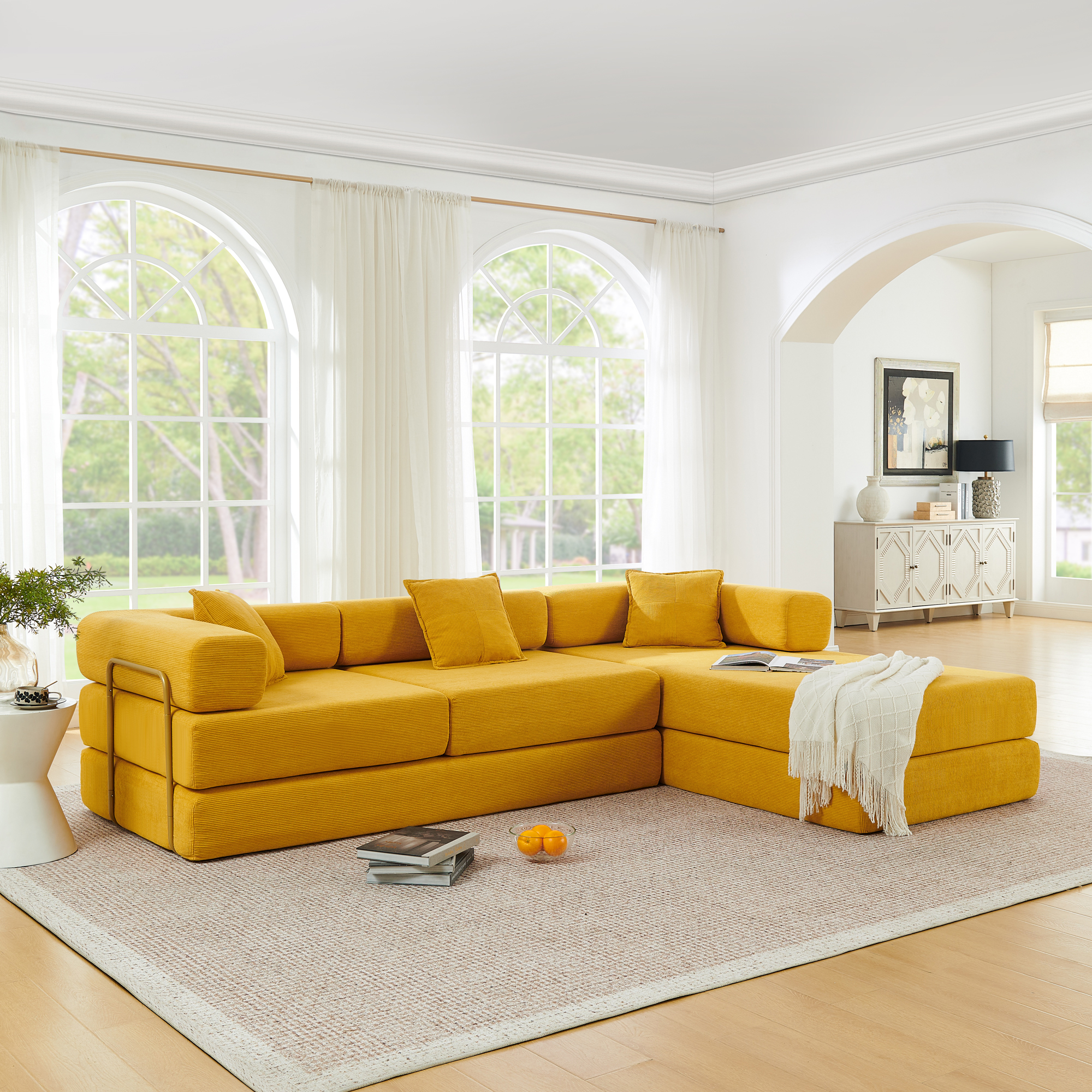 thumbnail video image 2 of 108"W Corduroy Convertible Floor Sofa Bed, Oversized Compression Sofa with Pillows, No Assembly Required, Futon Lazy Boneless Couch Sleeper Sofa with Pull Out Bed Modular Futon Couch, Living Room, 2 of 17