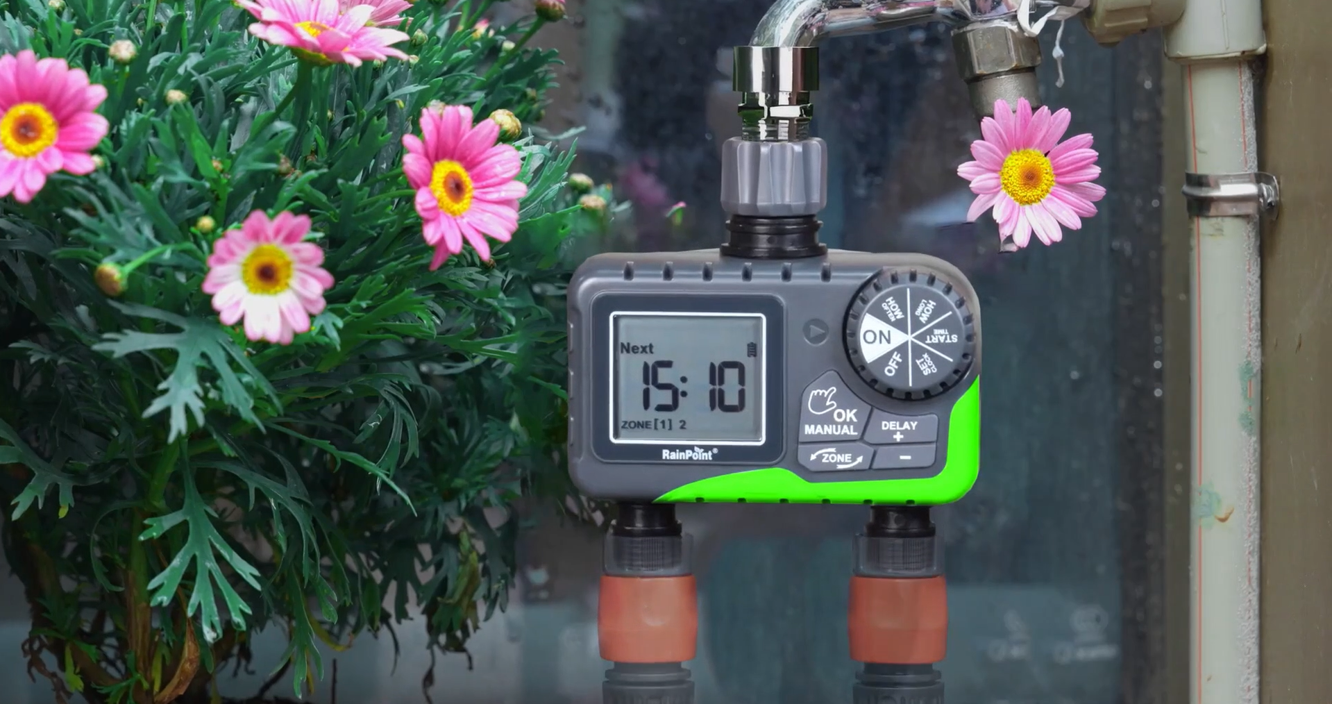 thumbnail video image 2 of RainPoint Programmable Sprinkler Timer 2-Zone, Automatic Irrigation System Controller, Hose Water Timer for Outdoor Garden Yard Lawn, ITV205, 2 of 9