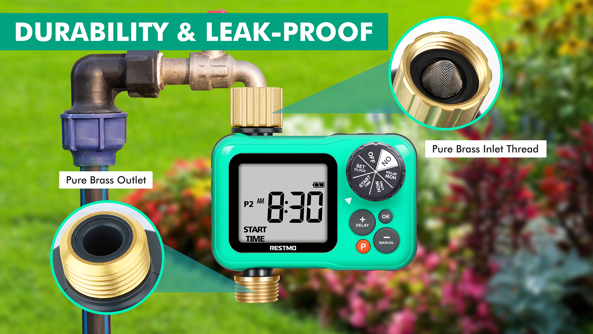 thumbnail video image 2 of RESTMO Sprinkler Timer, Pure Brass Inlet & Outlet Water Timer, Garden Hose Timer with 3 Separate Programs for Automatically Water Lawn and Control Drip Irrigation, 2 of 10