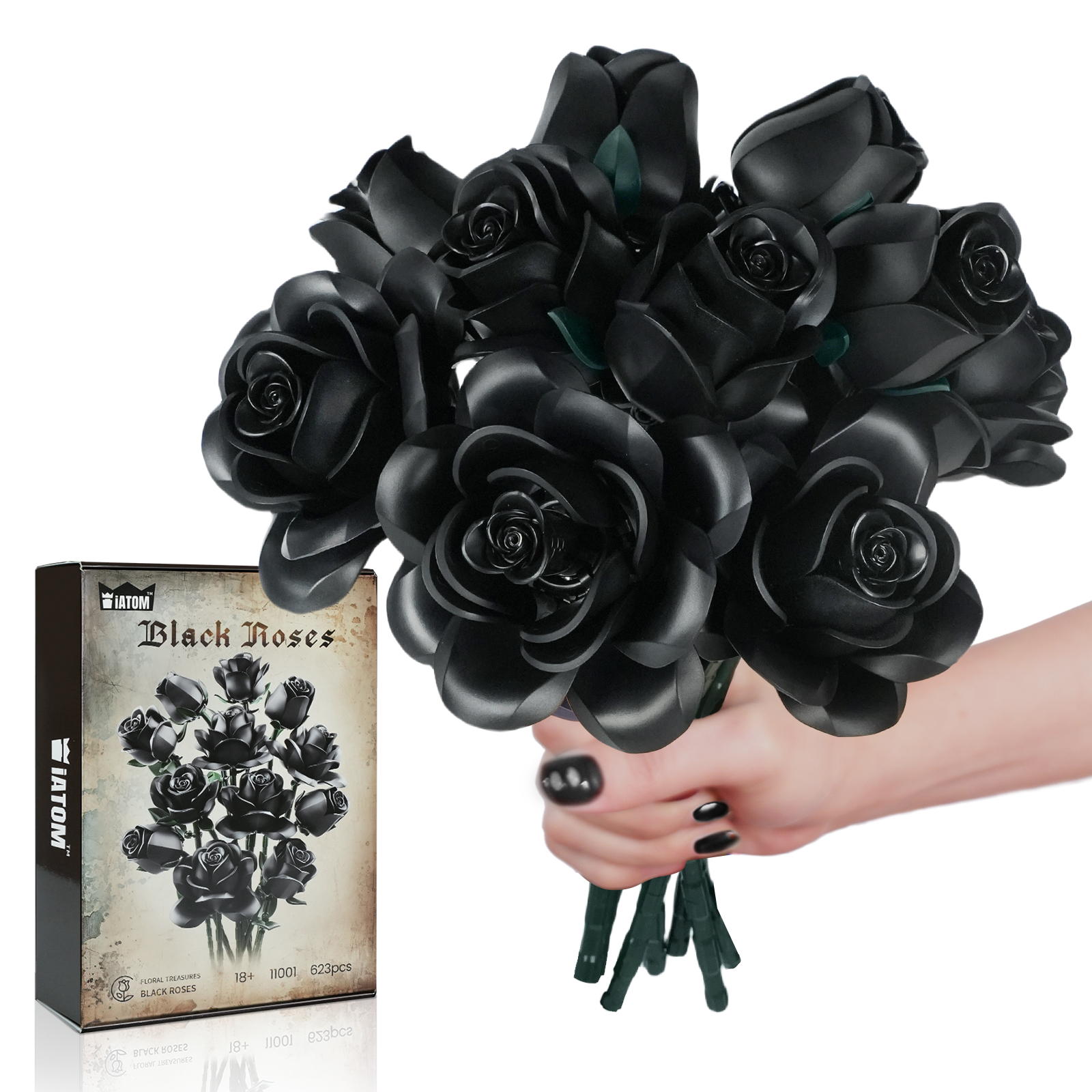 thumbnail video image 2 of Black Rose Flower Bouquet Building Set Artificial Plant Compatible with Lego,Fake Flowers for Home Gothic Decorations Halloween Gifts for Families (608pcs), 2 of 8