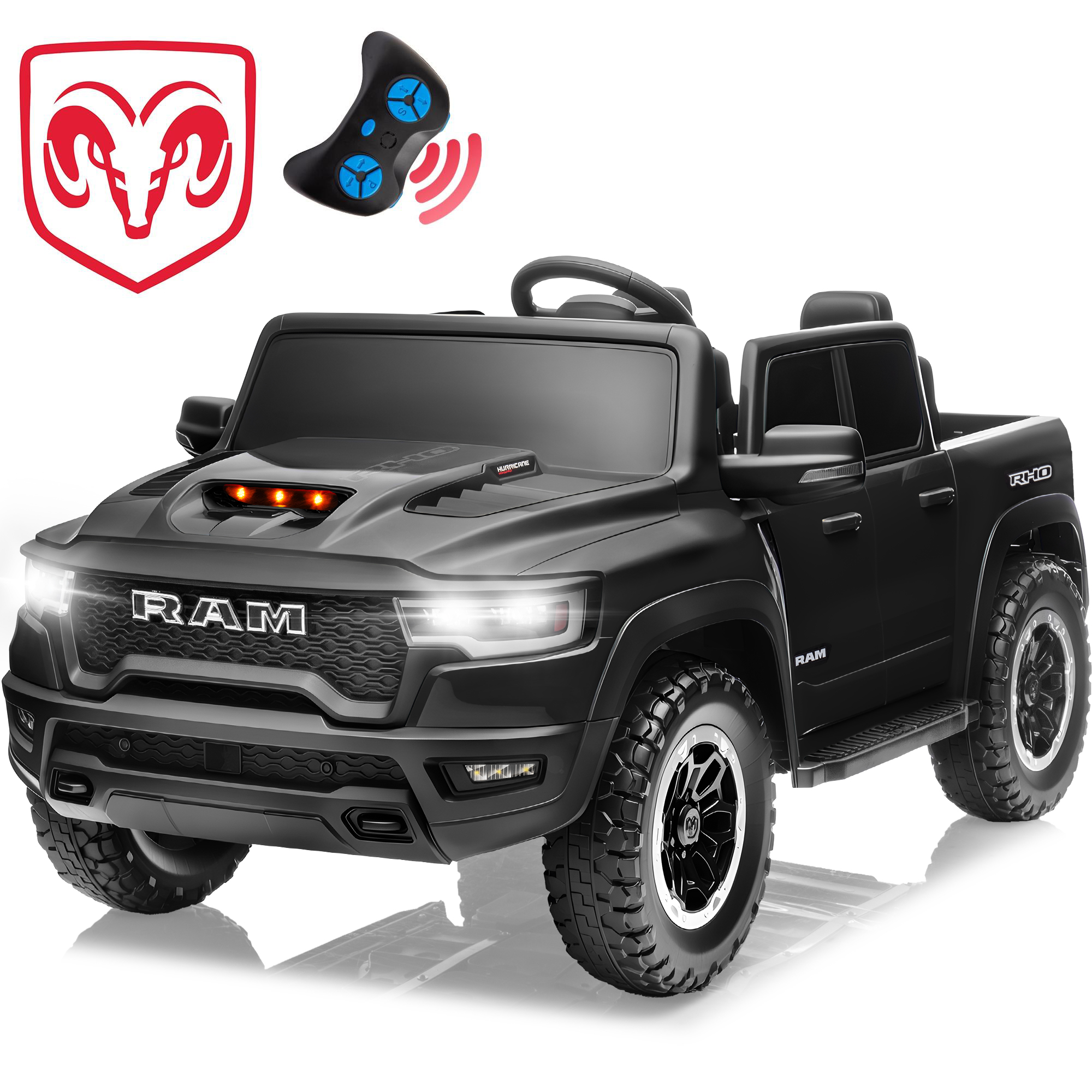thumbnail video image 2 of RAM 24V Ride on Cars for Tow Kids, RAM 1500 RHO 2 Seat Battery Powered Ride on Toys with Remote Control, 4 Wheels Suspension Trunk, LED Light, MP3 Player, Electric Car for Kids Boy Girl Gift, Black, 2 of 10
