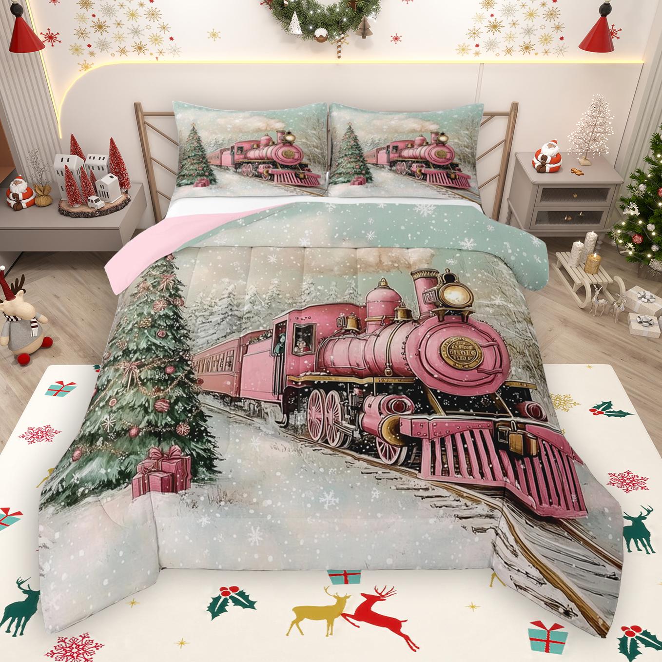 thumbnail video image 2 of Manfei Christmas Flower Queen Comforter Set,Vintage Western Train Bedding Sets,Red Beige Brown Bedding Comforter Set For Men Women,Microfiber Bedroom Decor Reversible,3pcs, 2 of 9