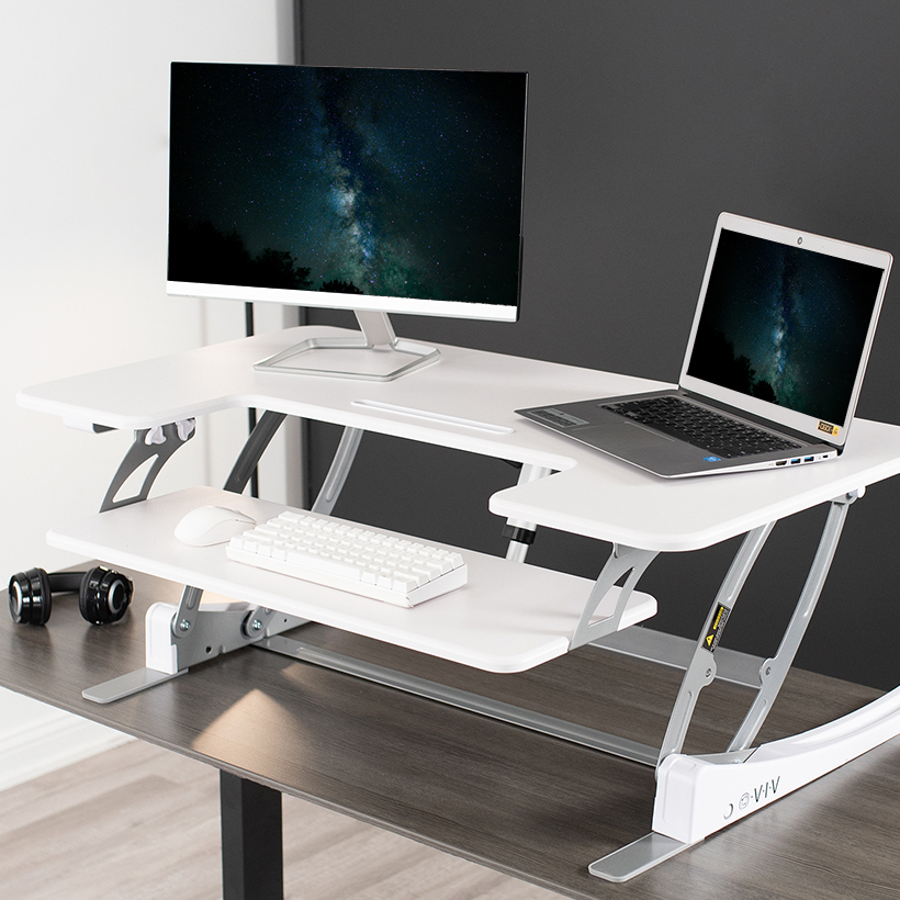 thumbnail video image 2 of VIVO Black Electric Height Adjustable Extra Wide 42" Stand Up Desk Converter, 2 of 5