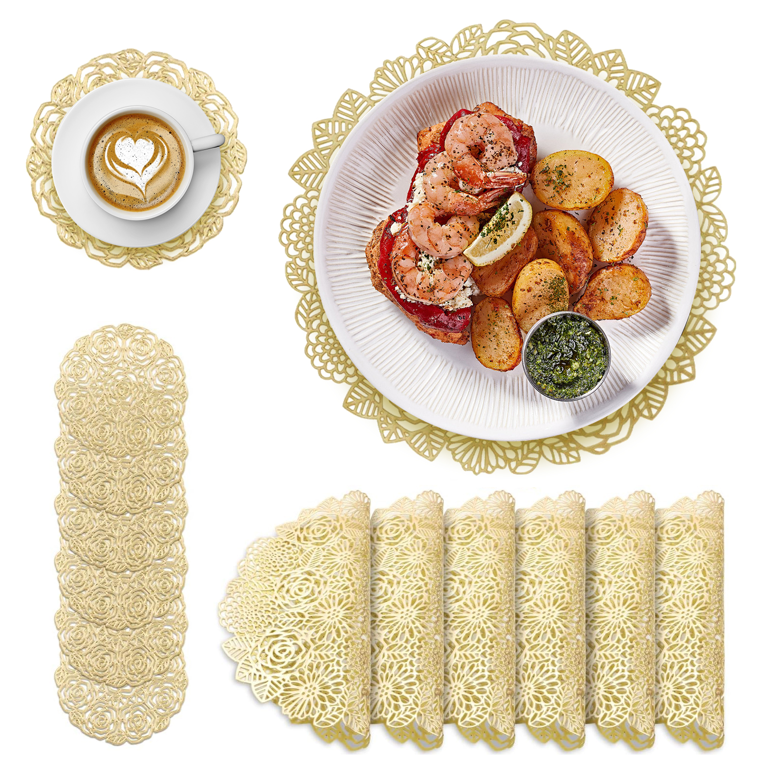 thumbnail video image 2 of SINGOMON 12 Pieces Round Placemats, Pressed Vinyl Metallic Flower Coasters Set for Dining Table, Wedding, Party, 2 of 16