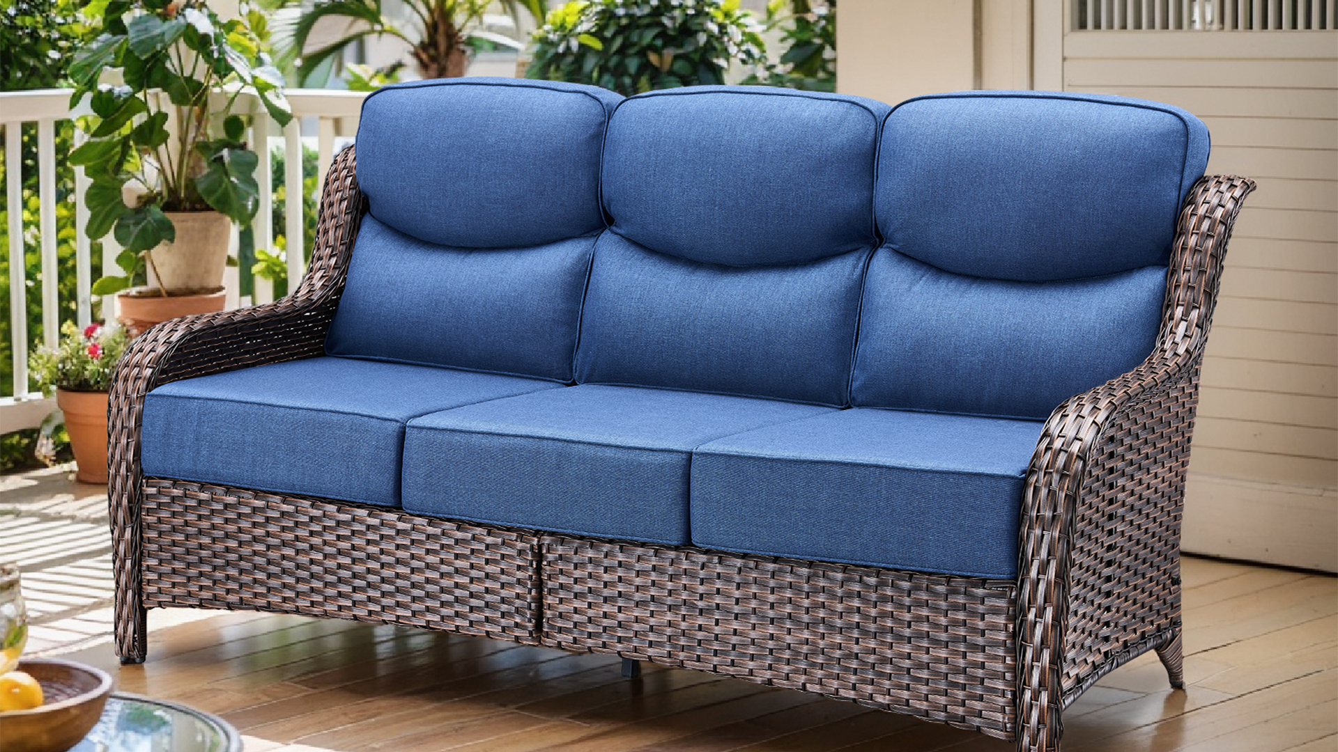 thumbnail video image 2 of Opohoro 71" Wide Brown Wicker Patio 3-Seat Couch, Weather Resistant Rattan Outdoor Furniture Sofa with Deep Seat for Patio Backyard Porch, Gray Cushion, 2 of 10