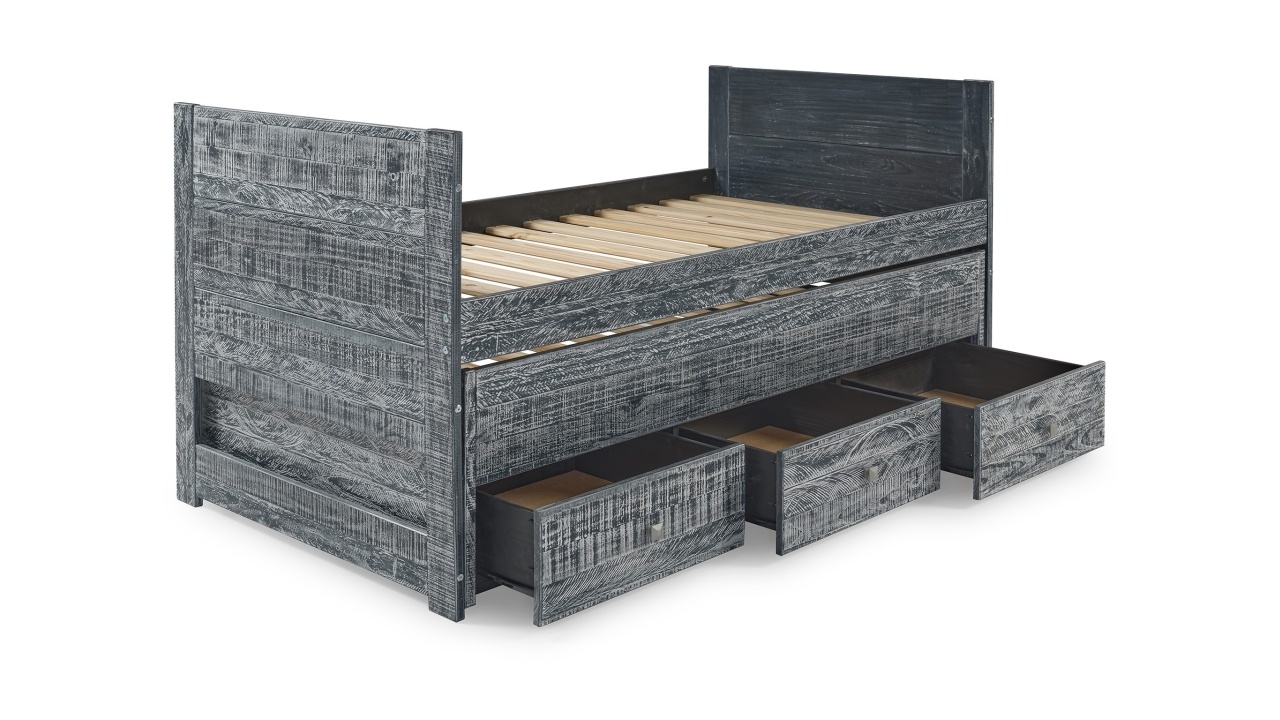 thumbnail video image 2 of Bedz King Twin Captains Bed with Trundle and 3 Built in Drawers, Weathered Black, 2 of 9