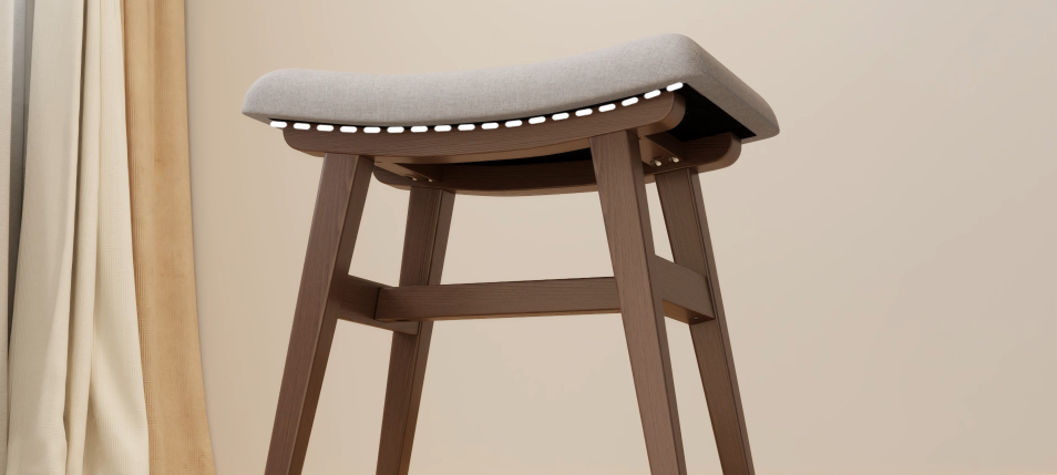 thumbnail video image 2 of Solid Wood Vanity Stool, Small Makeup Chair with Saddle Cushion, Compact Vanity Bench for Bedroom, Living Room, or Entryway, Walnut, 2 of 11