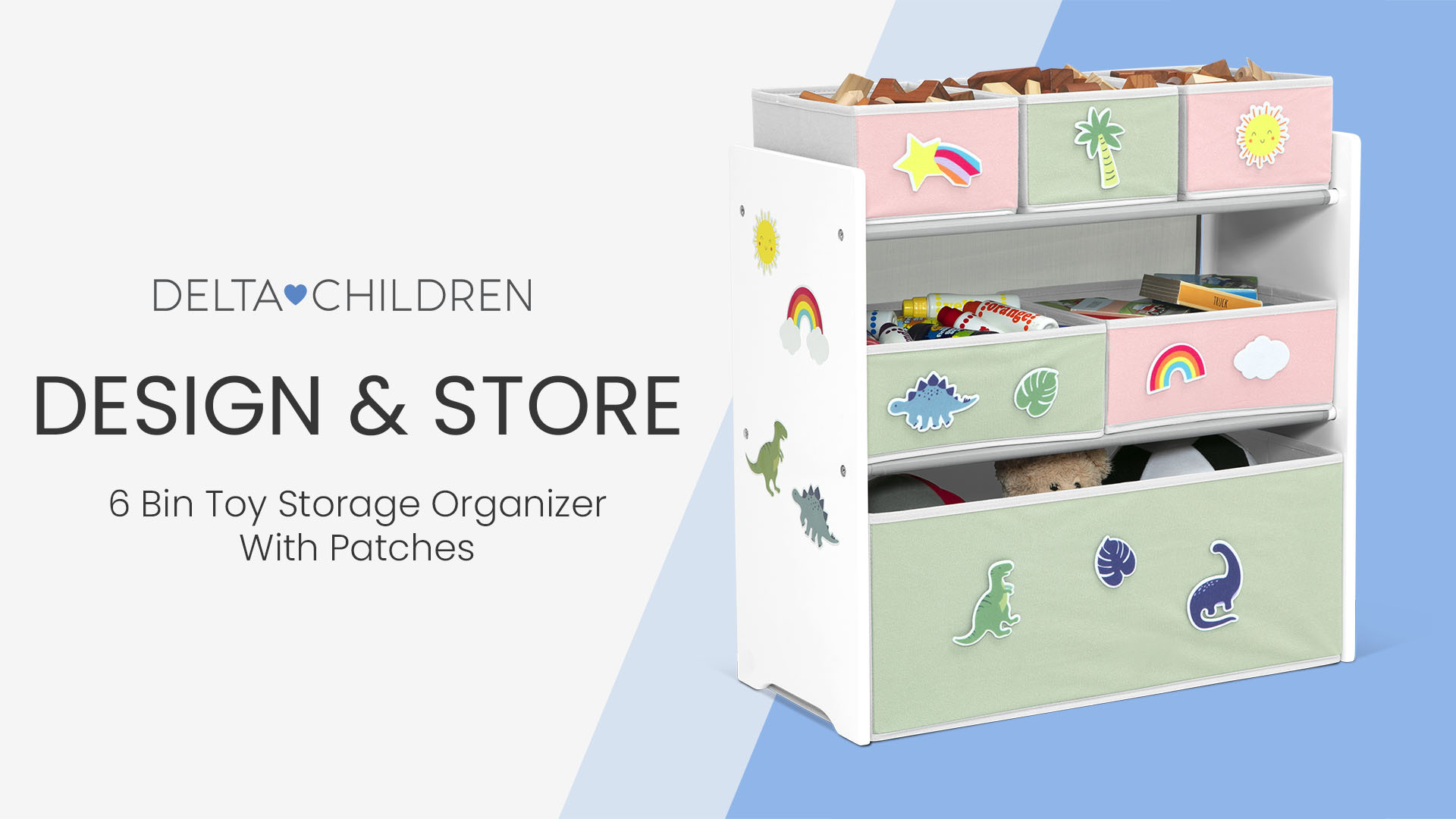 thumbnail video image 2 of Delta Children Design & Store 6 Bin Toy Storage Organizer with Interchangeable Patches, Green/Pink, 2 of 21