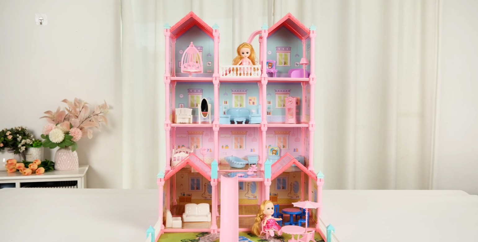 thumbnail video image 2 of Huge Dollhouse for Girls, Large Pretend Play Pink Doll House Gift for Kids, 2 of 7