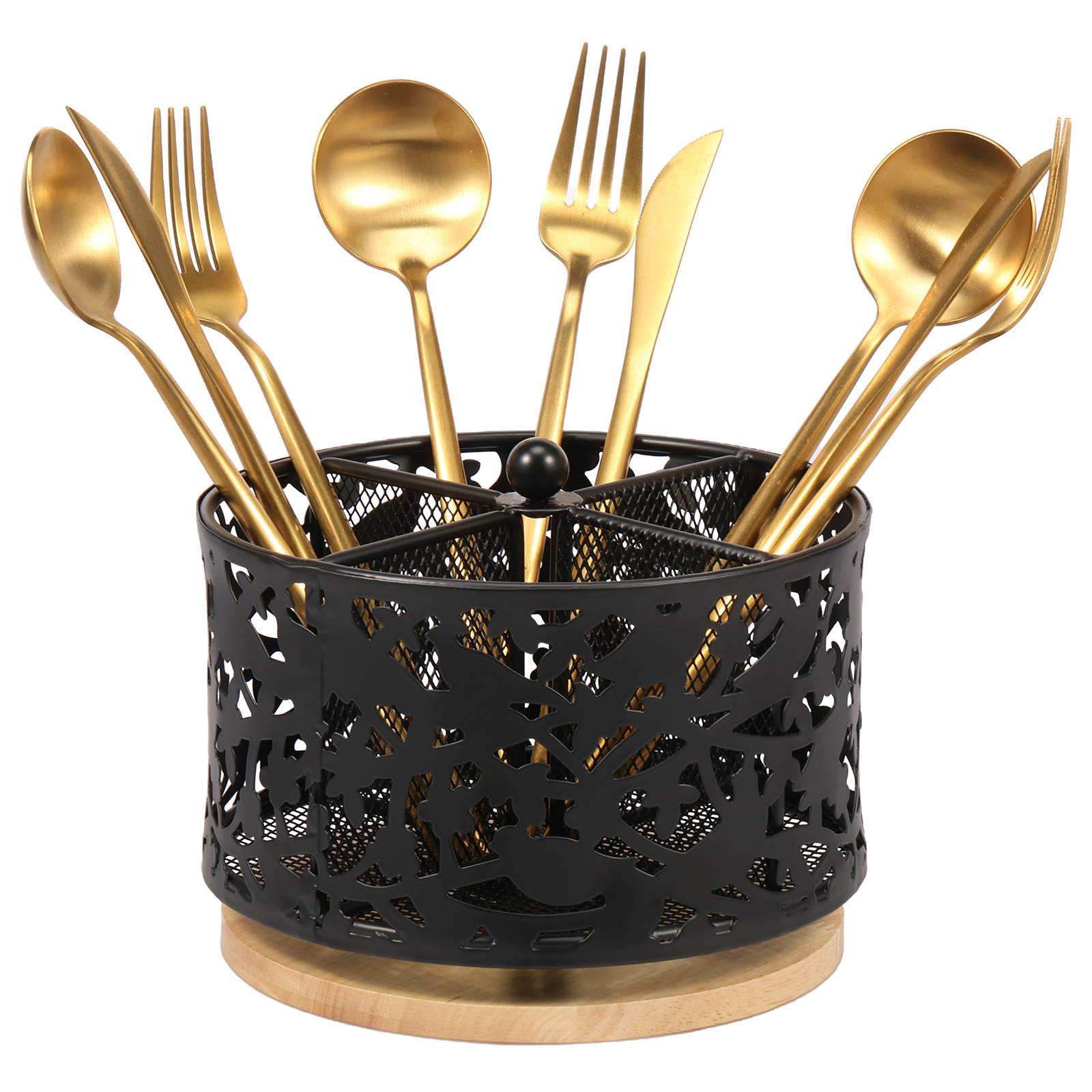 thumbnail video image 2 of Tzdxfgl 360° Rotating Metal Utensil Holder for Countertop, 4 Compartment Silverware Organizer, Black, 2 of 12