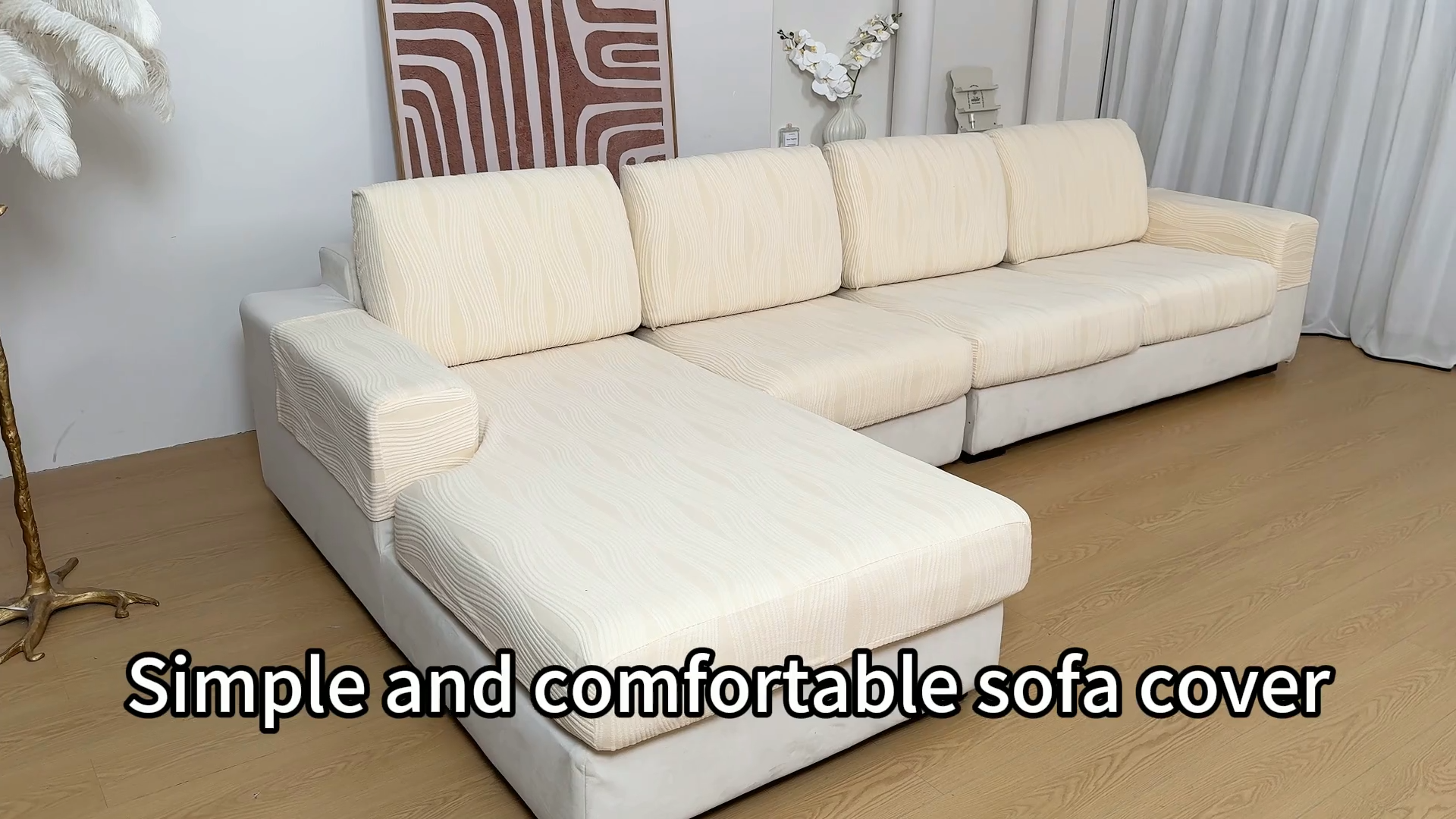 thumbnail video image 2 of OHSIO Sectional Couch Covers, Wear Resistant Stretch Sofa Covers Washable Couch Cushion Covers Anti Slip Furniture Protector Slipcovers for Pets (1 Piece Armrest Cover, Ivory, Ripple Stripe), 2 of 7