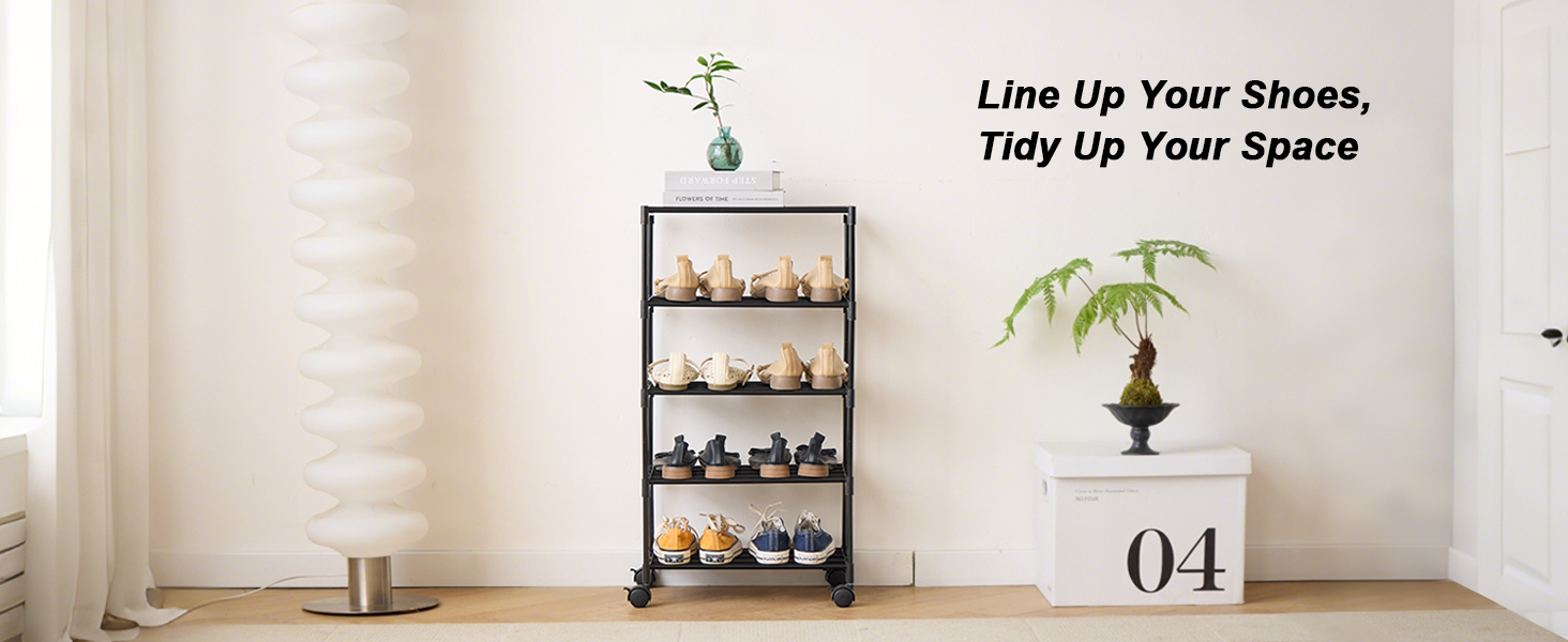 thumbnail video image 2 of SXRZY 5-Tier Narrow Shoe Rack with Wheels, Rolling Storage Shelf for Room, Garage, Black, 2 of 8