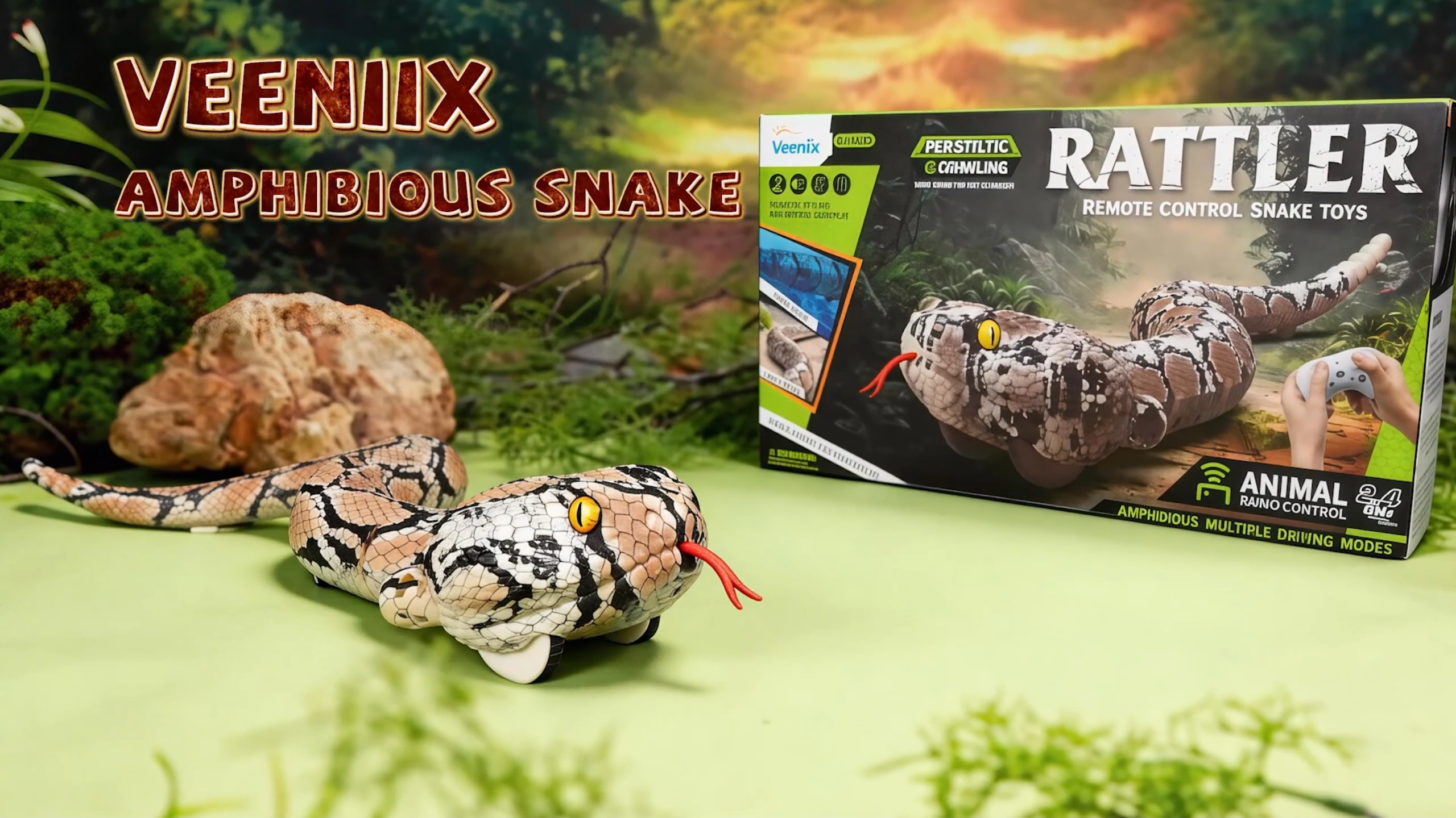 thumbnail video image 2 of Veeniix Amphibious Remote Control Snake Toy with Sound, Realistic RC Prank Snake, Brown, 2 of 8