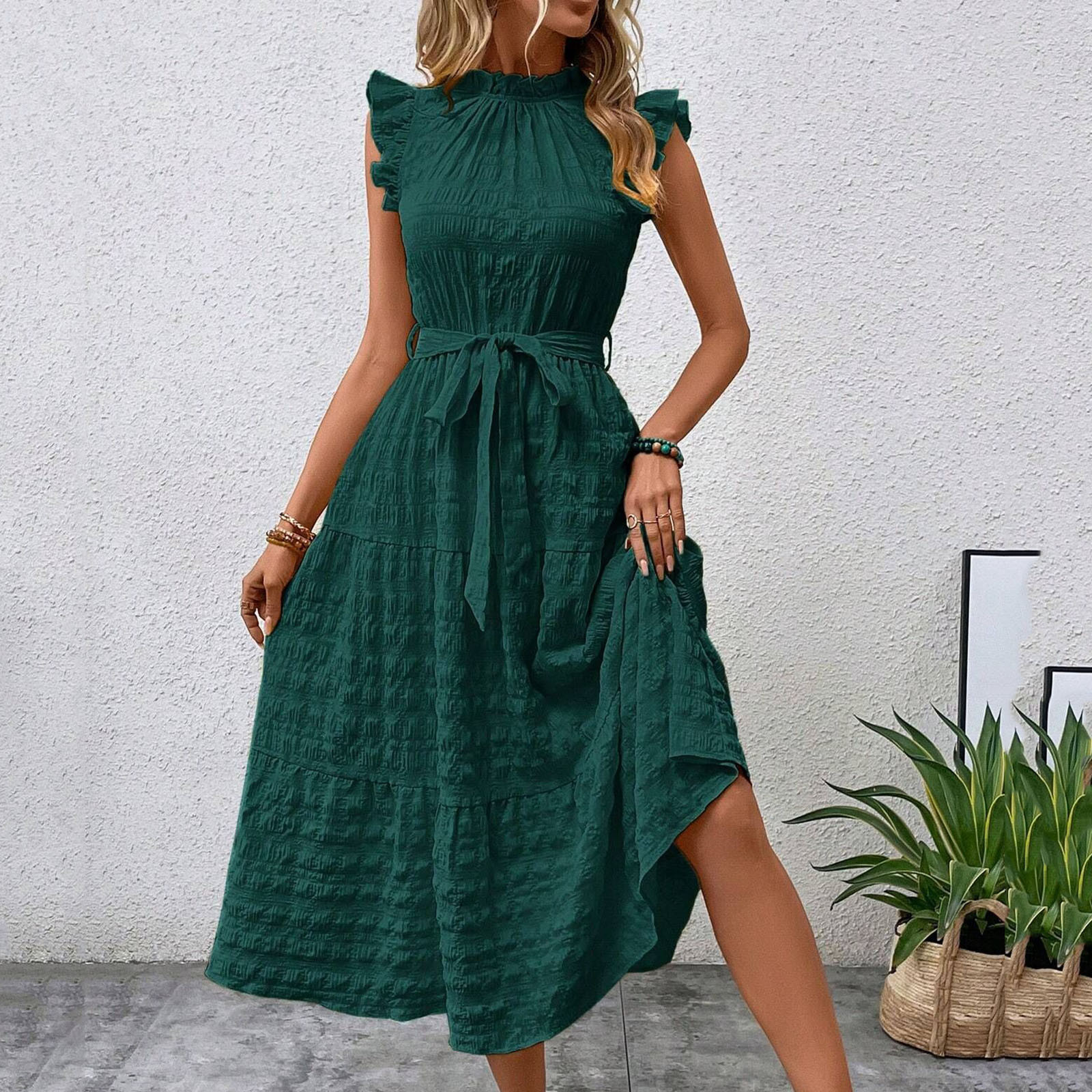 thumbnail video image 2 of Uaswgudfs Women's Short Sleeve High Neck Midi Dress​ - Summer Casual Tiered Skirt & Belted Waist, Textured Fabric Sophisticated Pink XL, 2 of 7