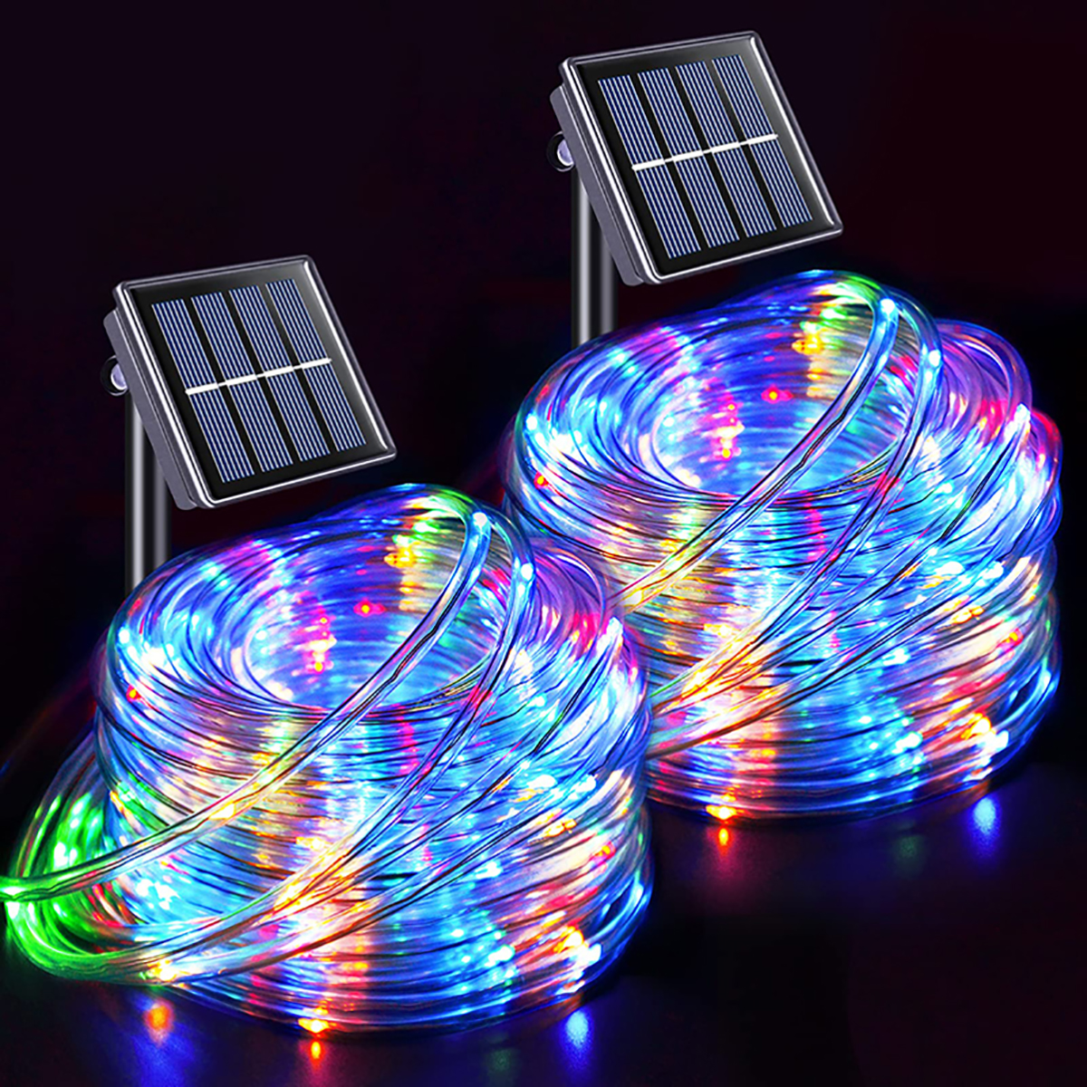 thumbnail video image 2 of 2/1 Pack 100 LED Solar Rope Lights, IP65 Solar Rope Lights Outdoor Waterproof LED, 33ft 8 Modes PVC Tube Rope Light for Trampoline Xmas Fence Yard Walkway Path Garden, 2 of 13