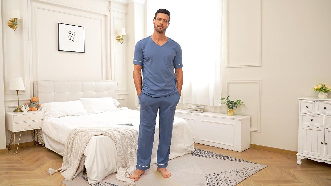 thumbnail video image 2 of ANLIQI Men's 100% Cotton Pajama Set Soft v-neck Top Short Sleeve & Bottom Pants with Pockets Men's Loungewear Sets(DGR_L), 2 of 8