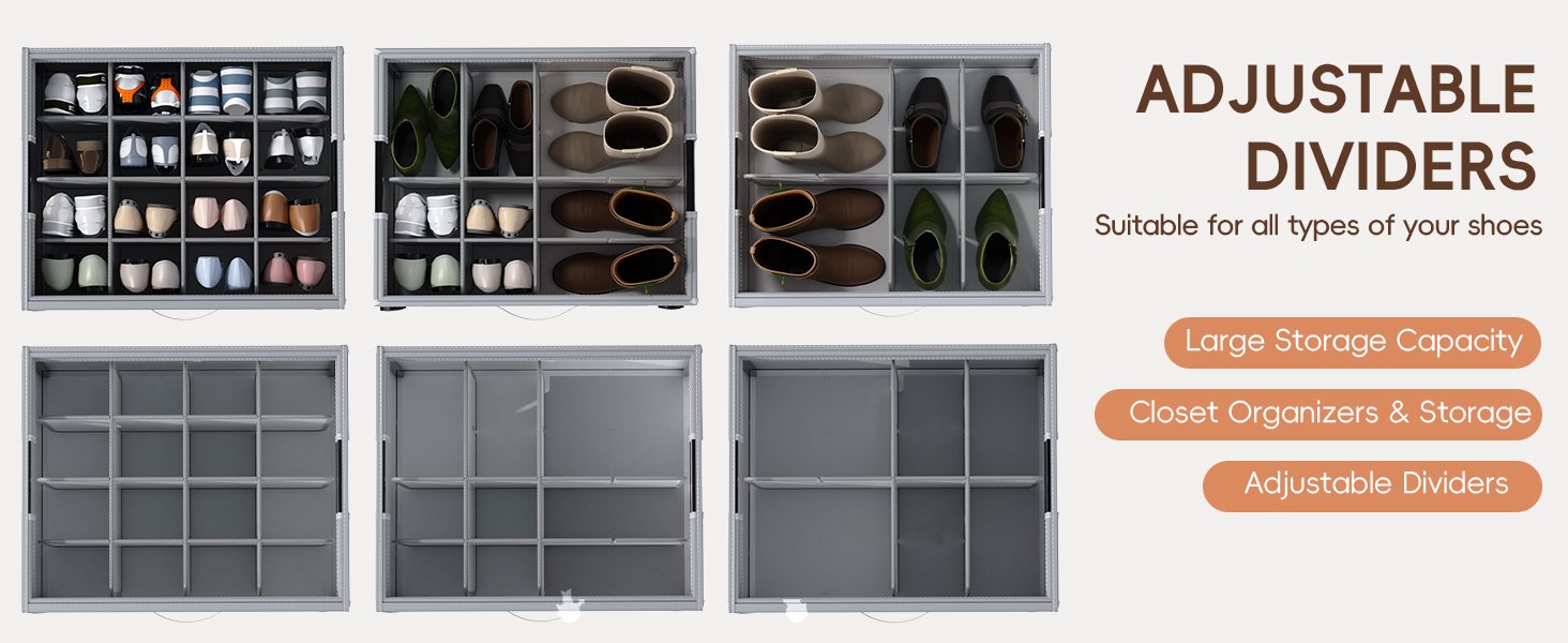 thumbnail video image 2 of Shoe Organizer for Closet, Foldable Shoe Storage Box with Wheels and Dividers, Metal Frame, Large Capacity Holds 16-32 Pairs, Clear Cover, 2 of 10