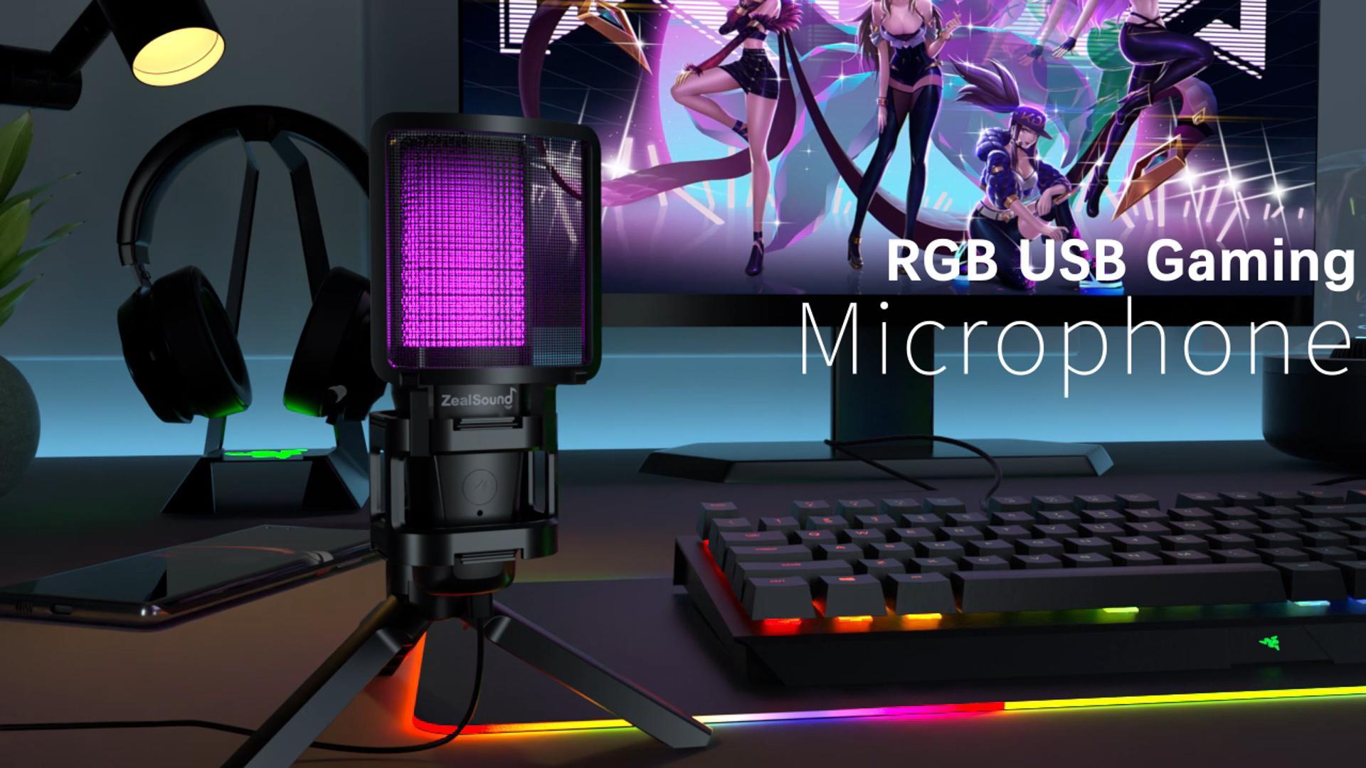 thumbnail video image 2 of ZealSound Gaming USB Microphone,Noise Cancellation Condenser Mic,3.5mm Headphone,RGB Microphone with Mute,Gain,Monitoring,Boom Arm,Pop Filter for Phone,PC,Computer,Mac,Streaming,Podcast, 2 of 10