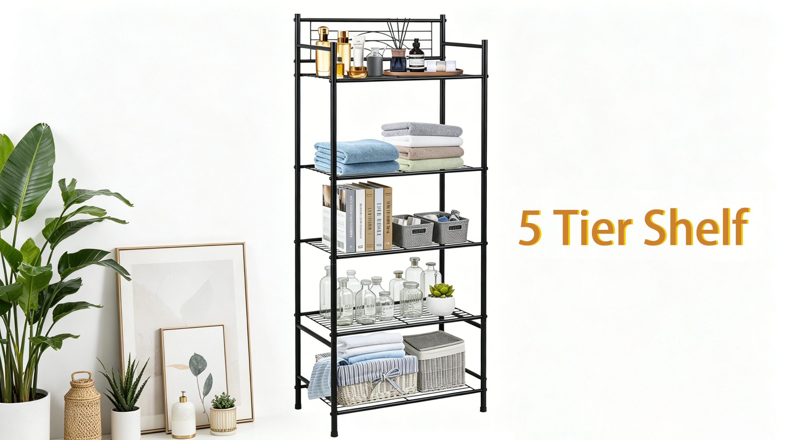 thumbnail video image 2 of OUTMASTER 5 Tier Storage Shelves, Ideal for Compact Spaces, Bathroom Shelves and Storage Unit, Black, 2 of 10