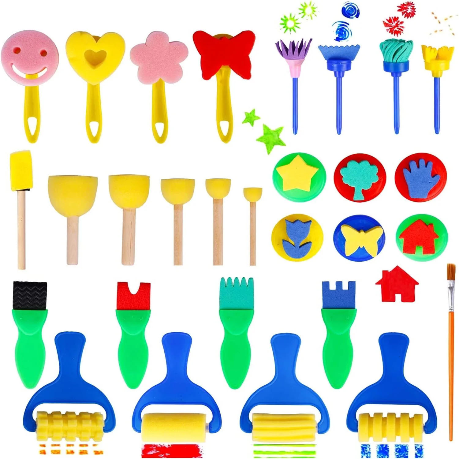 thumbnail video image 2 of 29Pcs Kids Painting Brushes Set, Early Learning Kids Sponge Paint Brush Set, Washable Mini Flower Craft Painting Shapes Stamps Drawing Tools for Kids Toddlers Art Supplies Gifts, 2 of 8