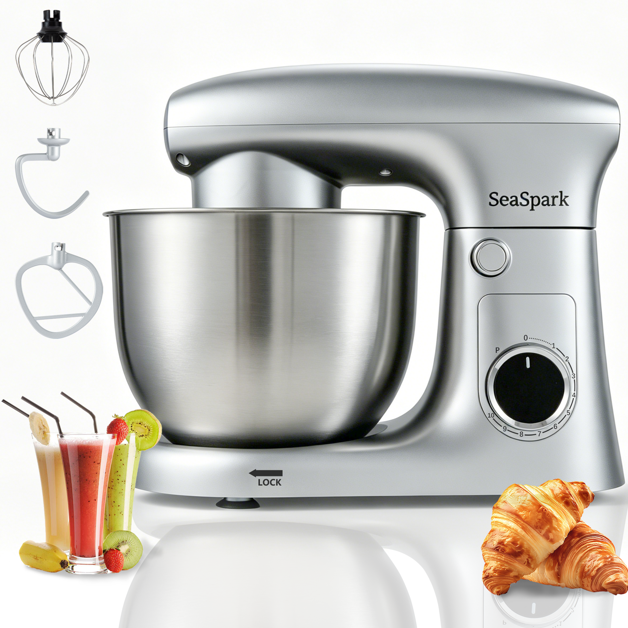 thumbnail video image 2 of SeaSpark 3-in-1 Stand Mixer, 5.5 QT Tilt-Head 10-Speed Electric Stand Mixer, Food Mixer with Dough Hook, Beater, Whisk, Silver, 2 of 10