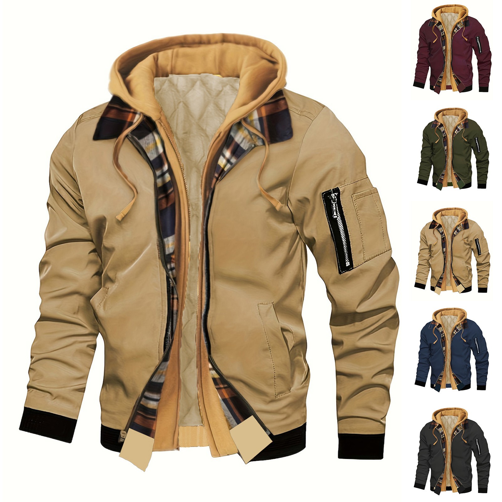 thumbnail video image 2 of Umfun Bomber Jackets for Men Full Zip Hooded Casual Warm Winter Coat Quilted Lined Outwear with Sleeve Pocket and Drawstring Hood for Autumn Spring Daily Streetwear, 2 of 8