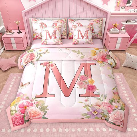thumbnail video image 2 of Homewish Girl Personalized Gifts 7-Piece Twin Bedding Sets,Pink Latter K Bedding Comforter Set,Rustic Flower Butterflies Sheet Sets For Girls Teens,Lightweight Room Decoration Reversible, 2 of 9