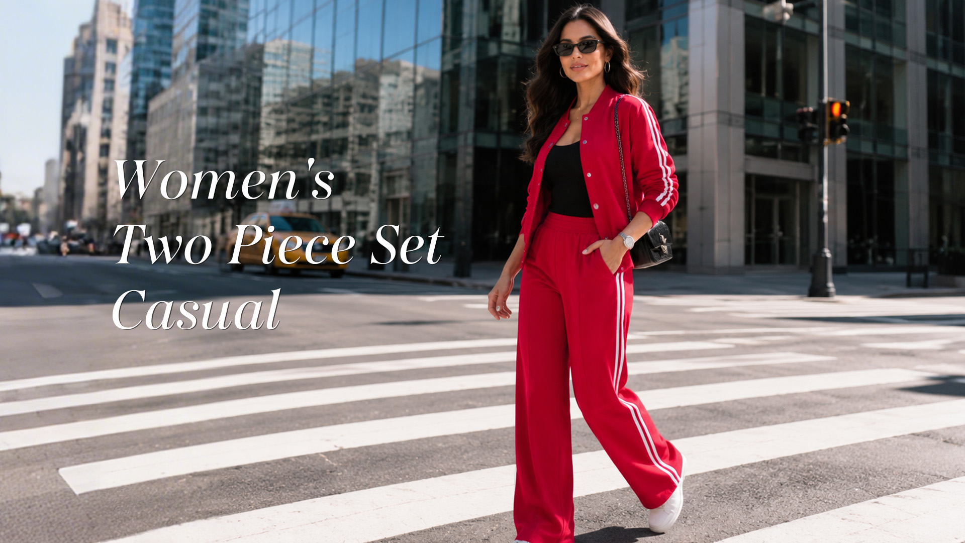 thumbnail video image 2 of CHICME Two Piece Sets for Women Striped Tape Long Sleeve Bomber Jacket and Elastic Wide Leg Sporty Pants Sweatsuits Red-L, 2 of 9