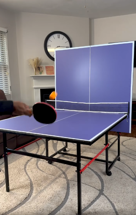 thumbnail video image 2 of 8FT Mid-Size Table Tennis Table, SEGMART Foldable Outdoor Ping Pong Table with Net, 2 Table Tennis Paddles and 3 Balls, Portable Table Tennis Game Set for Indoor Outdoor, Blue, 2 of 11