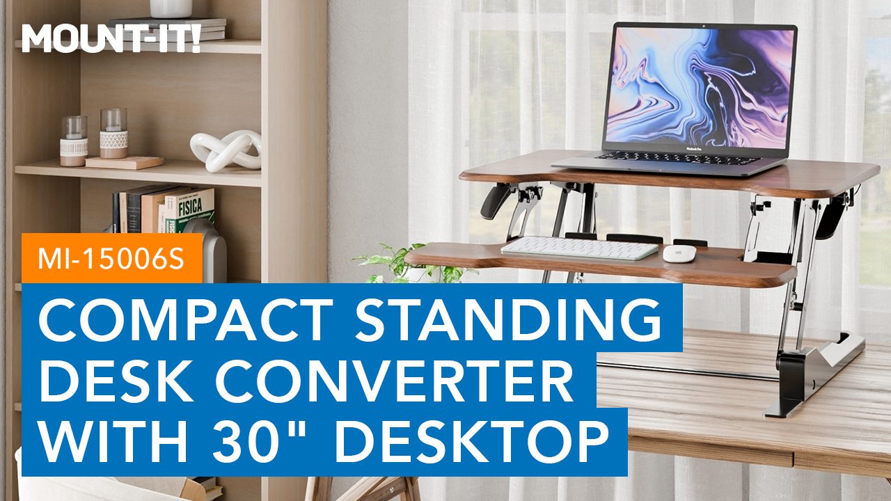 thumbnail video image 2 of 30'' Compact Standing Desk Converter – Height Adjustable Sit Stand Riser with Keyboard Tray, Gas Spring Lift – Ideal for Small Spaces, Home or Office, Dark Walnut, 2 of 8