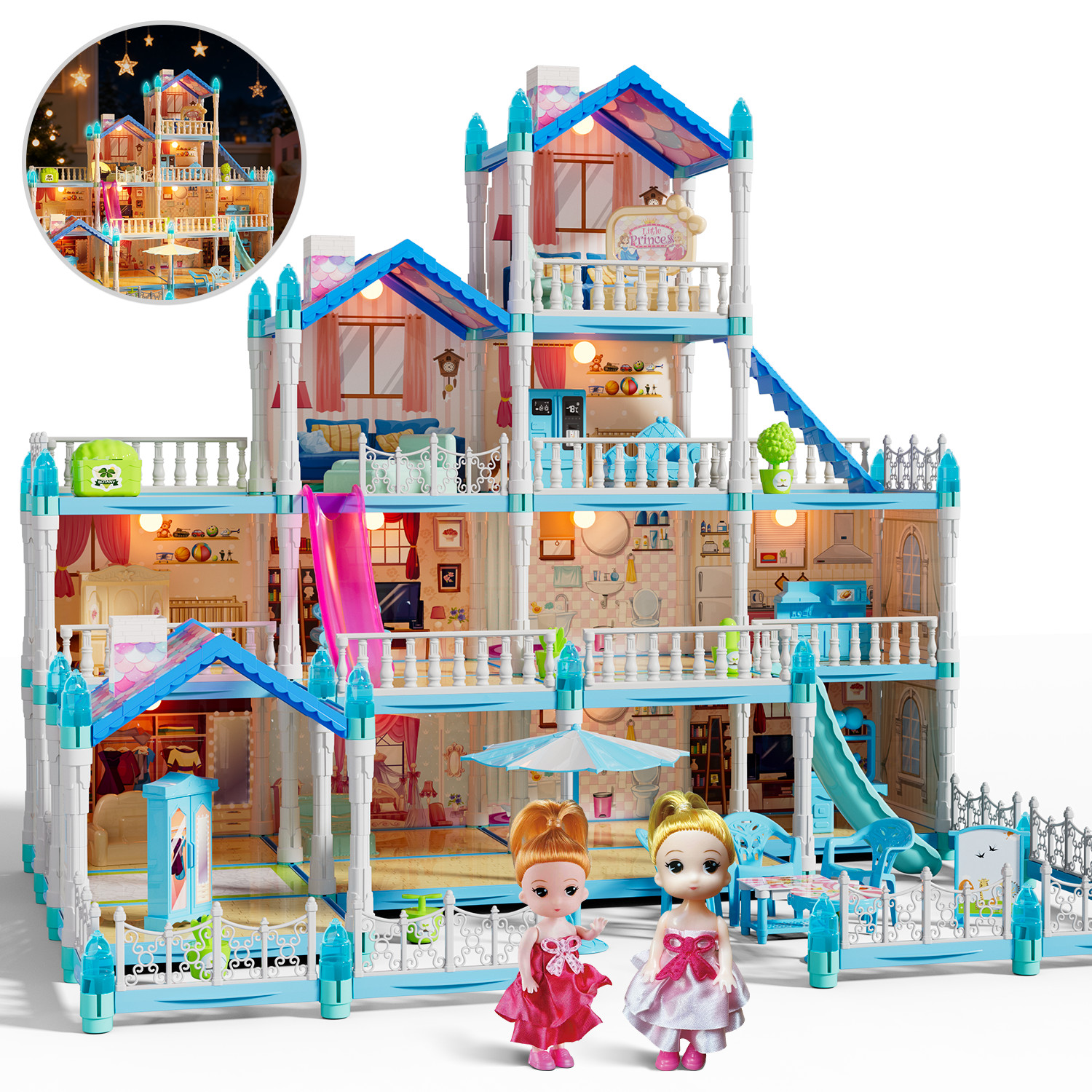 thumbnail video image 2 of JoyStone Dollhouse with Warm Light, Pretend Play 14 Rooms DIY Playhouse, Kids Doll House with 2 Dolls, Creative Gift for Girls, Blue, 2 of 13