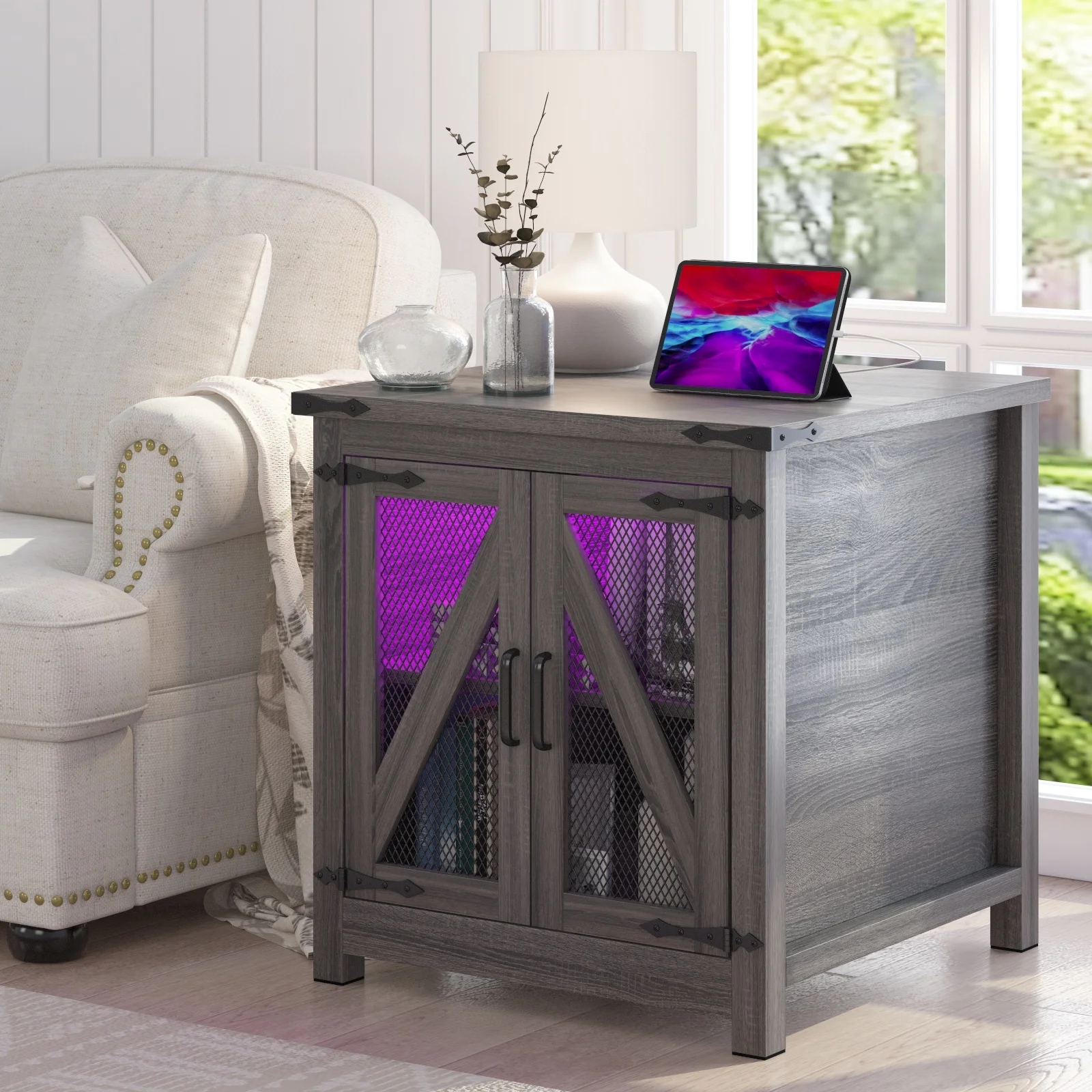 thumbnail video image 2 of Blotout Farmhouse End Table with LED Light&Charging Station, 24" Large Sofa Side Table, Mesh Barn Door, Adjustable Storage Shelf, Rustic Wood Square Nightstand for Living Room, Bedroom, Office, 2 of 9