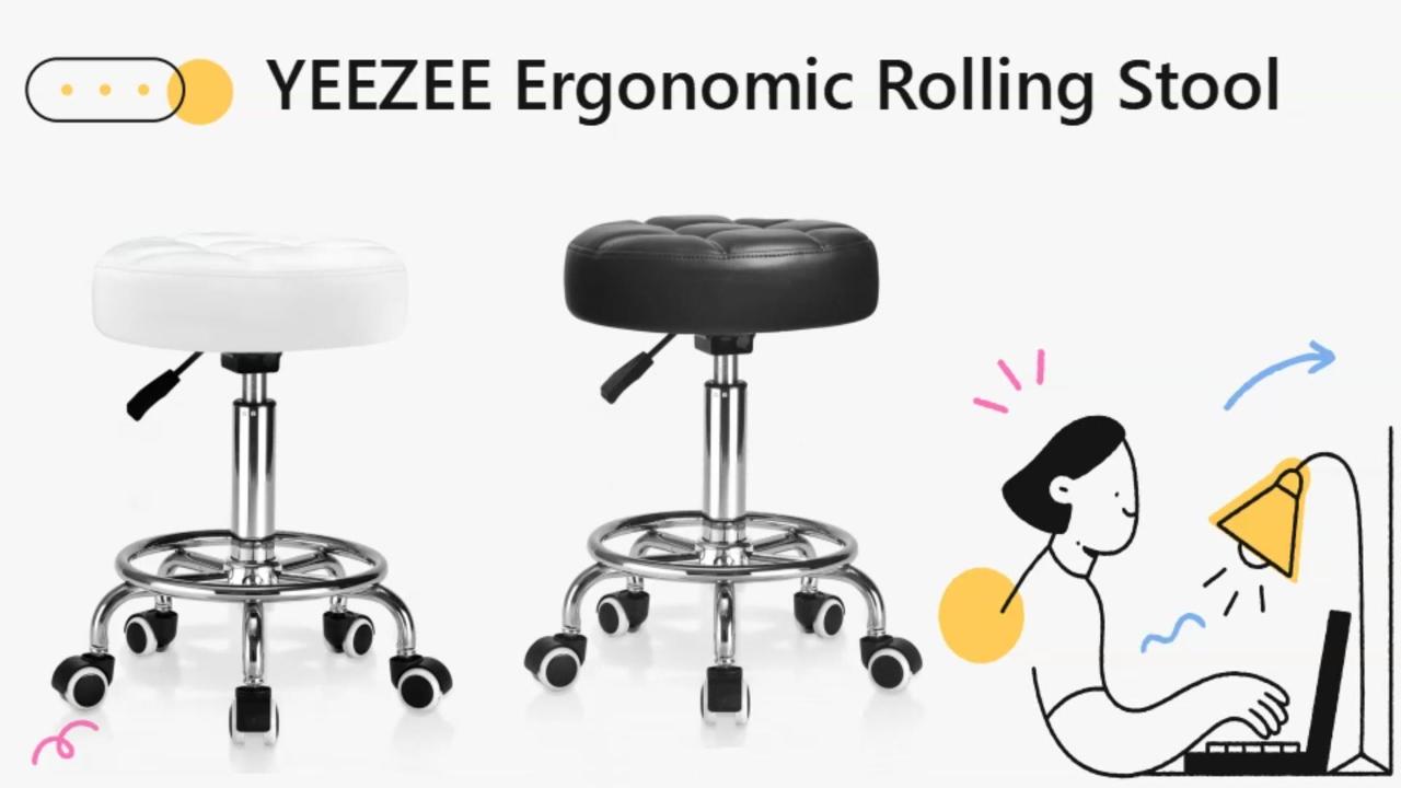 thumbnail video image 2 of YEEZEE Ergonomic Rolling Stool with Adjustable Footrest - with Swivel Wheels for Home,Salon,Kitchen, 2 of 9