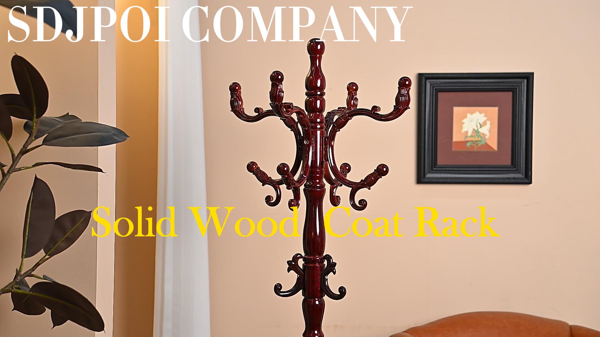 thumbnail video image 2 of SDJPOI Solid Coat Rack Freestanding with 14 Hooks, Natural Birch Wood Coat stands with Sturdy Round Base, Heavy-duty Tree Coat Hanger Standing for Entryway Hallway Bedroom, 2 of 8