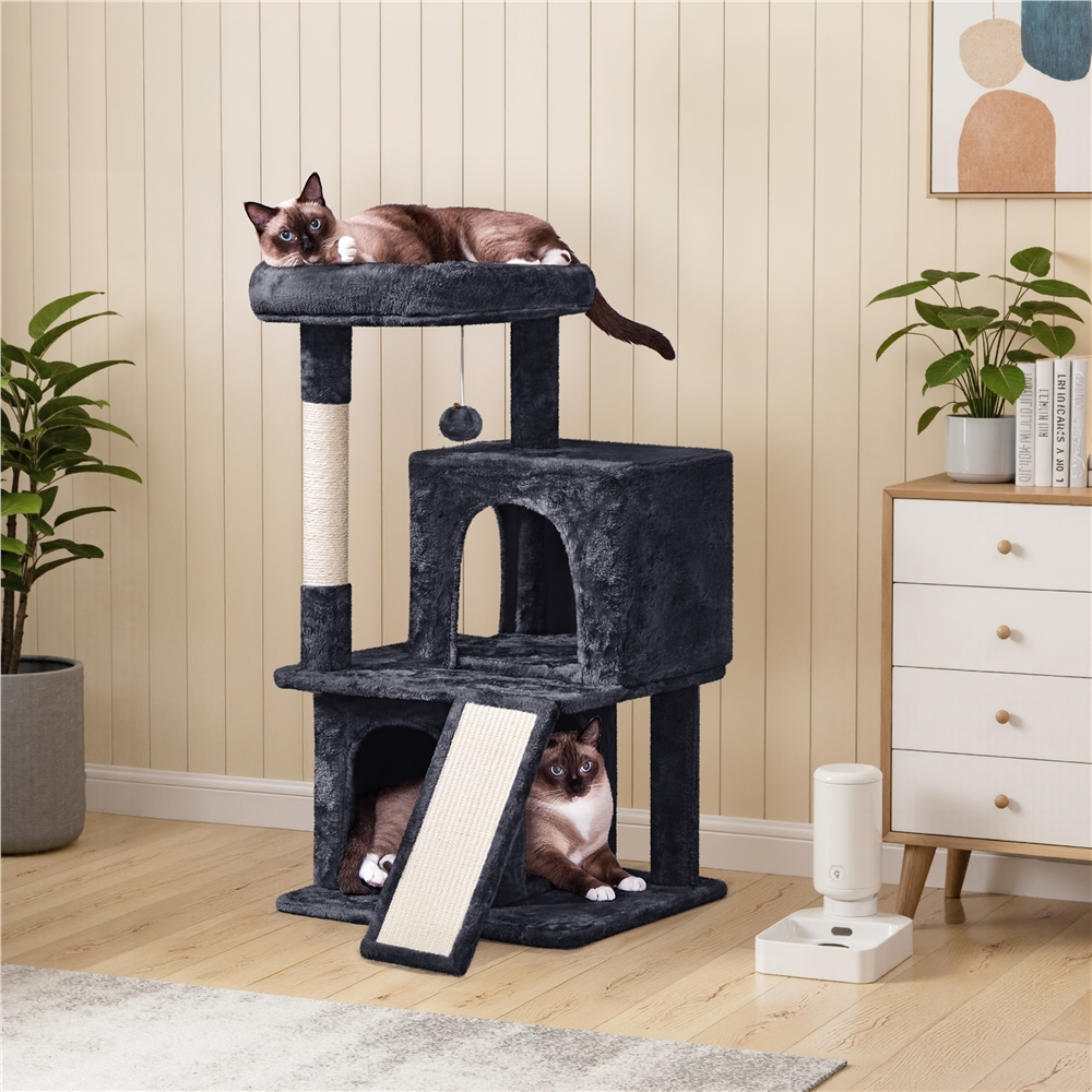 thumbnail video image 2 of Yaheetech 36.2'' H Cat Tree Tower with Double Condos, Scratching Post, Dark Gray, 2 of 10