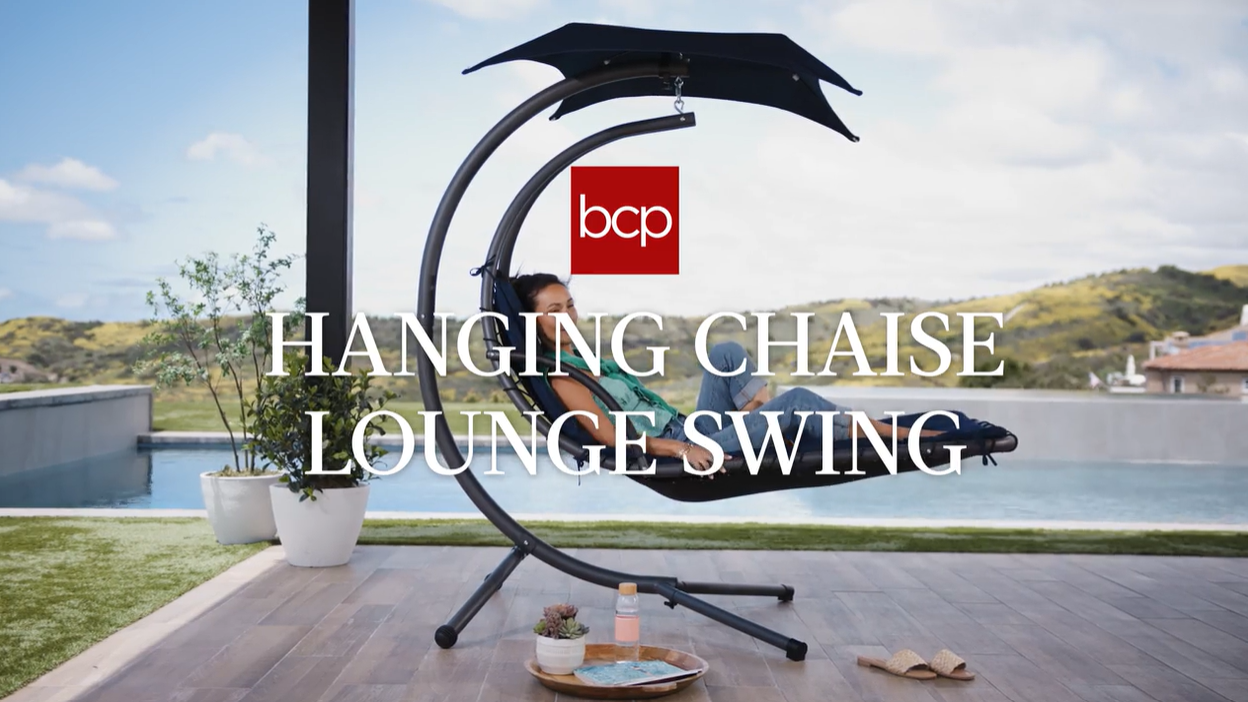 thumbnail video image 2 of Best Choice Products Hanging Curved Chaise Lounge Chair Swing for Backyard, Patio w/ Pillow, Shade, Stand - Teal, 2 of 10