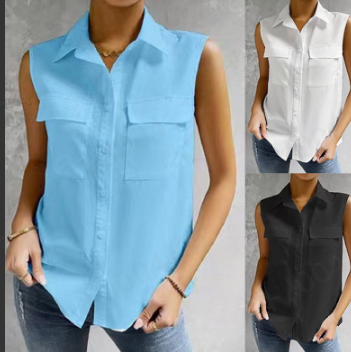 thumbnail video image 2 of Tittly Button Down Shirts Blouses for Women Women's Summer Fashion Casual Sleeveless Solid Color Large Button Double Pocket Lapel Lined Clothes Tshirts Shirts Workout Shirts Blue 4XL, 2 of 6